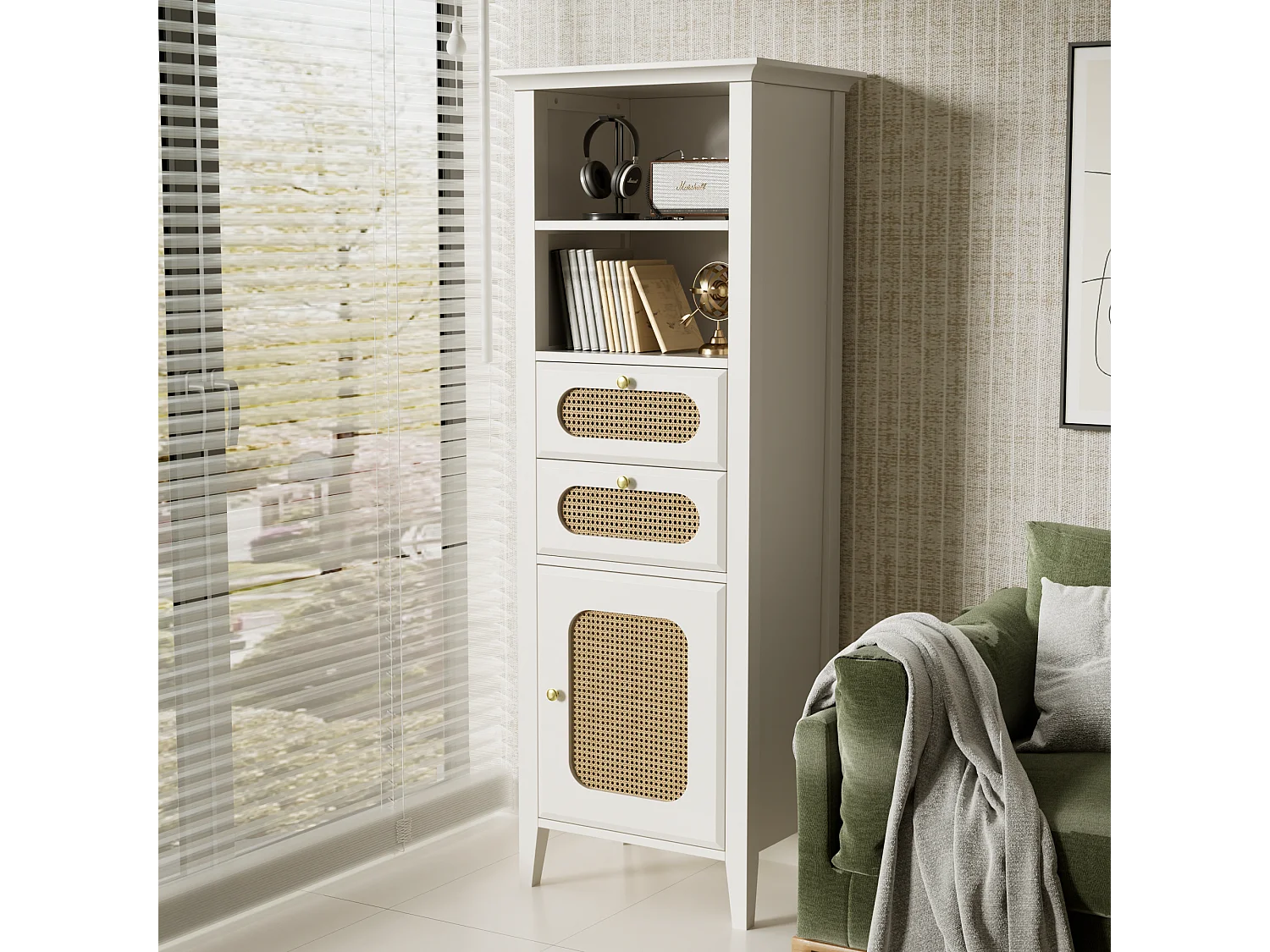 Buffet, vitrine avec 2 tiroirs, 2 niches et une porte - Effet rotin - 140,5 x 38 x 50 cm - Bois MDF - Blanc