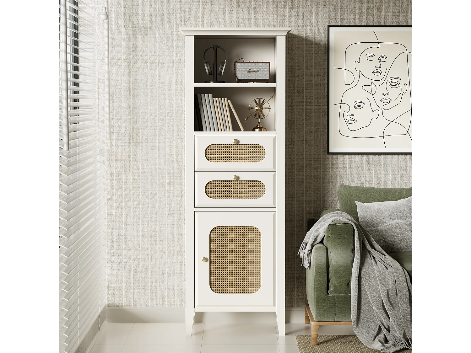 Buffet, vitrine avec 2 tiroirs, 2 niches et une porte - Effet rotin - 140,5 x 38 x 50 cm - Bois MDF - Blanc