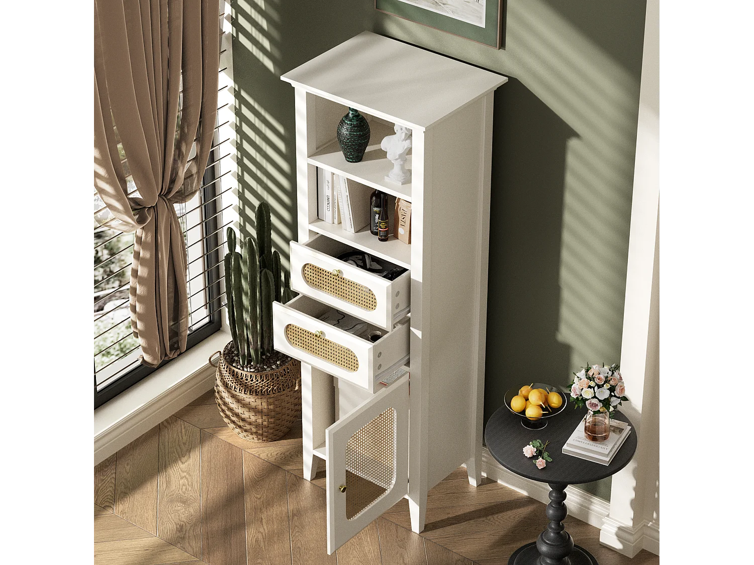 Buffet, vitrine avec 2 tiroirs, 2 niches et une porte - Effet rotin - 140,5 x 38 x 50 cm - Bois MDF - Blanc