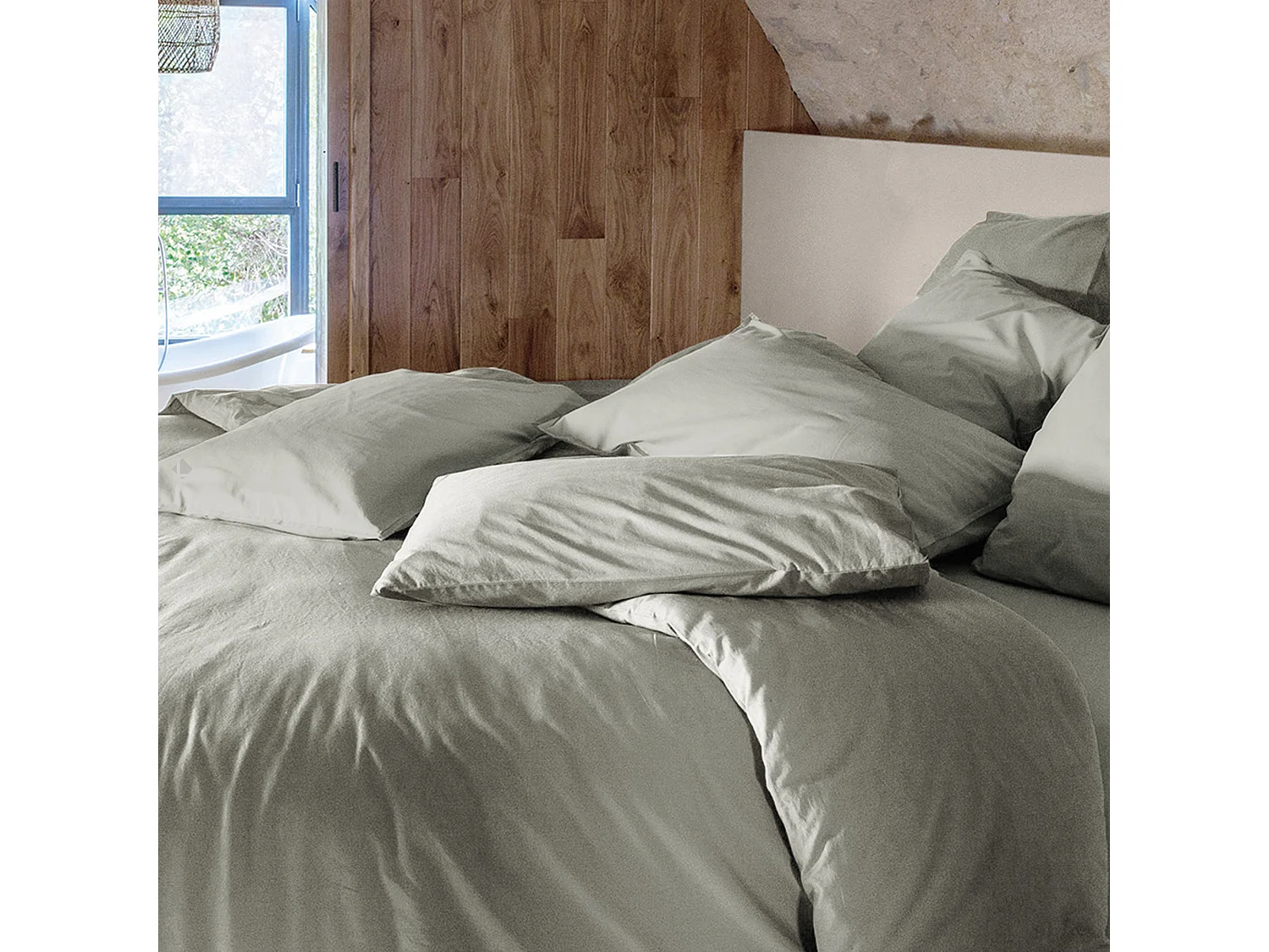 Taie d'oreiller 65x65 cm pur coton lavé PALACE vert laurier