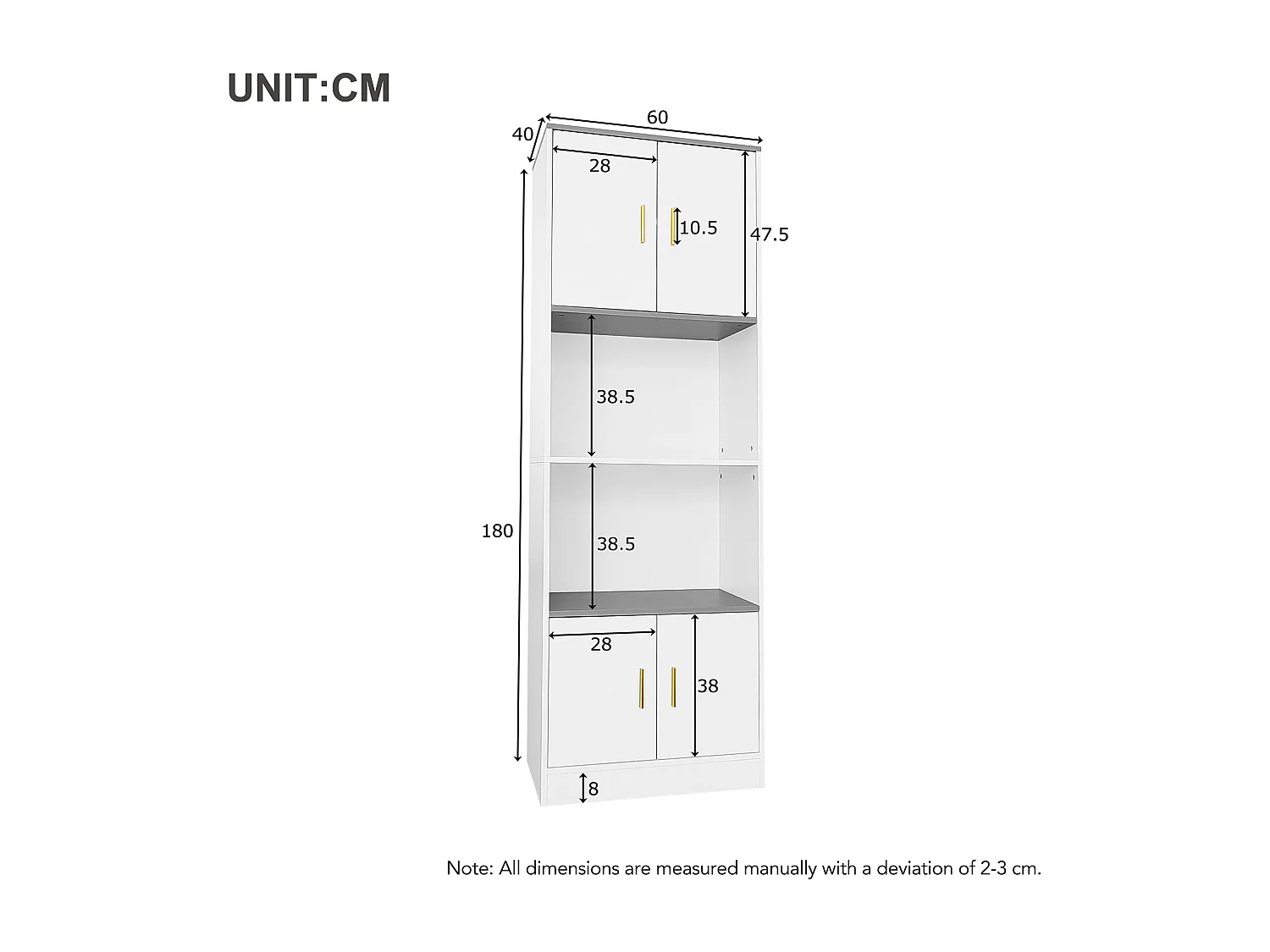 Vitrine com 4 portas e 2 prateleiras - 60 x 40 x 180 cm - Aglomerado - Branco