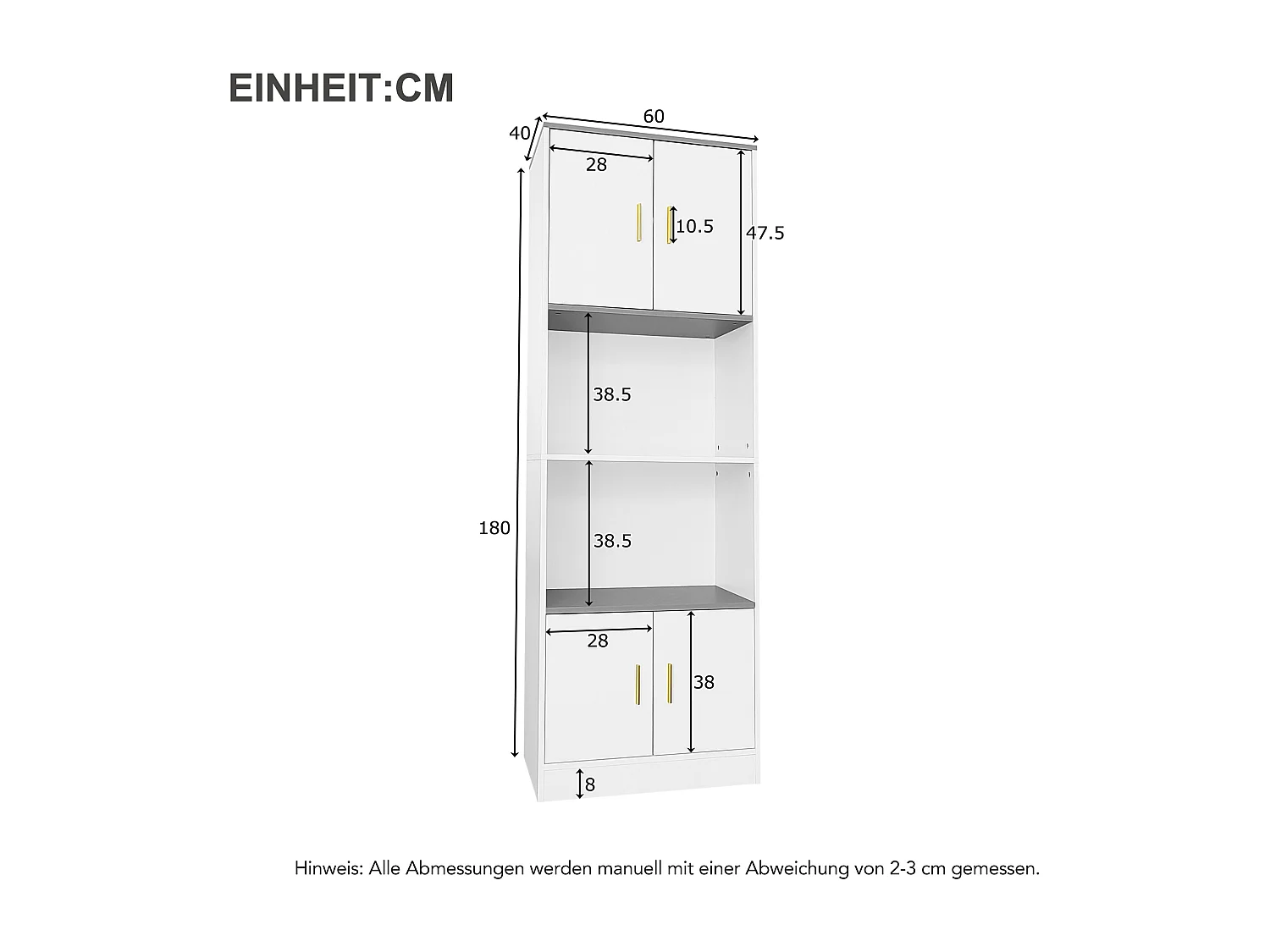 Vitrine com 4 portas e 2 prateleiras - 60 x 40 x 180 cm - Aglomerado - Branco