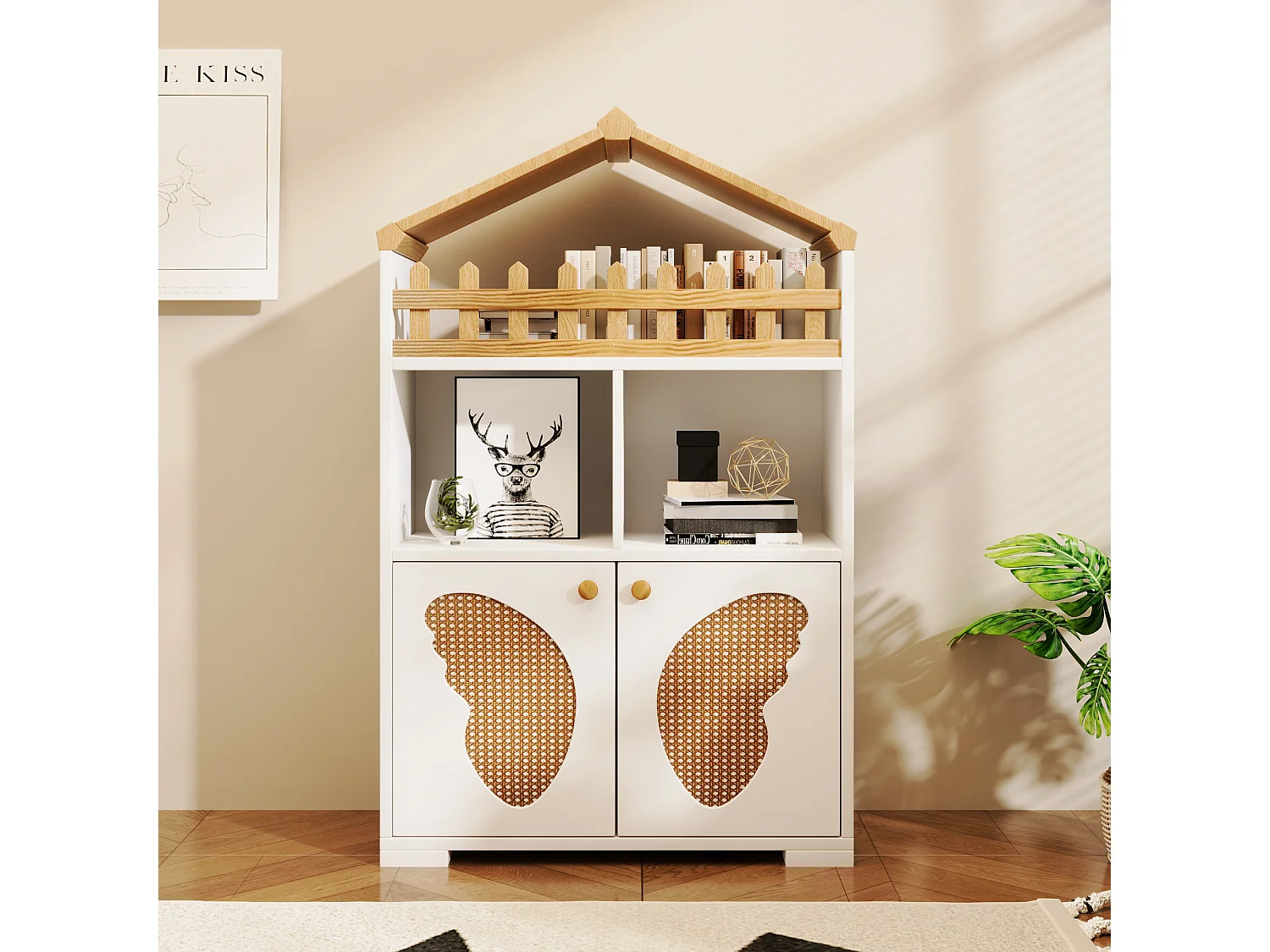 Vitrine, estante com 2 portas e arrumação de livros - 110 x 70 x 30 cm - formato de porta borboleta - Madeira MDF - Branco + carvalho