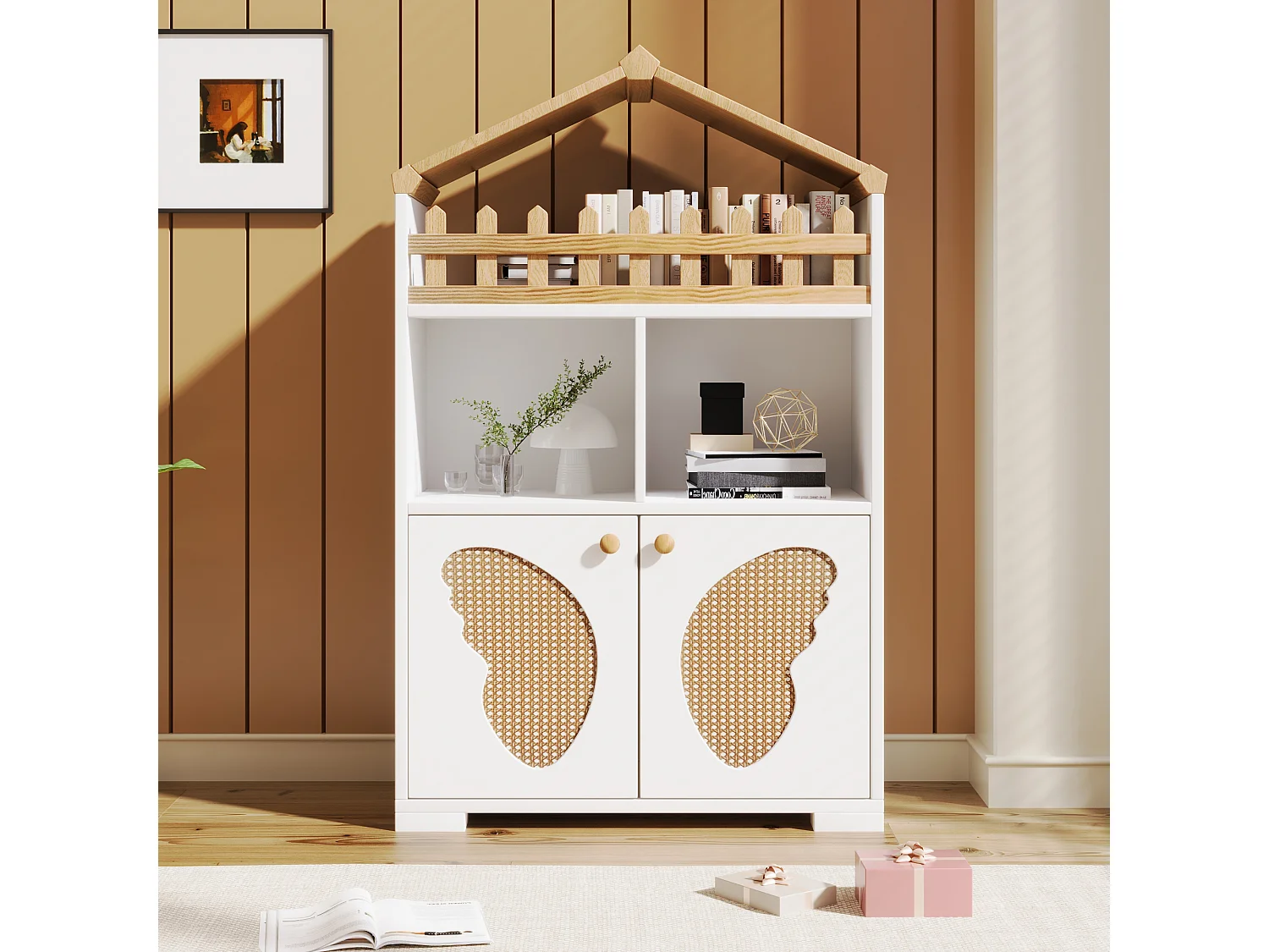 Vitrine, estante com 2 portas e arrumação de livros - 110 x 70 x 30 cm - formato de porta borboleta - Madeira MDF - Branco + carvalho