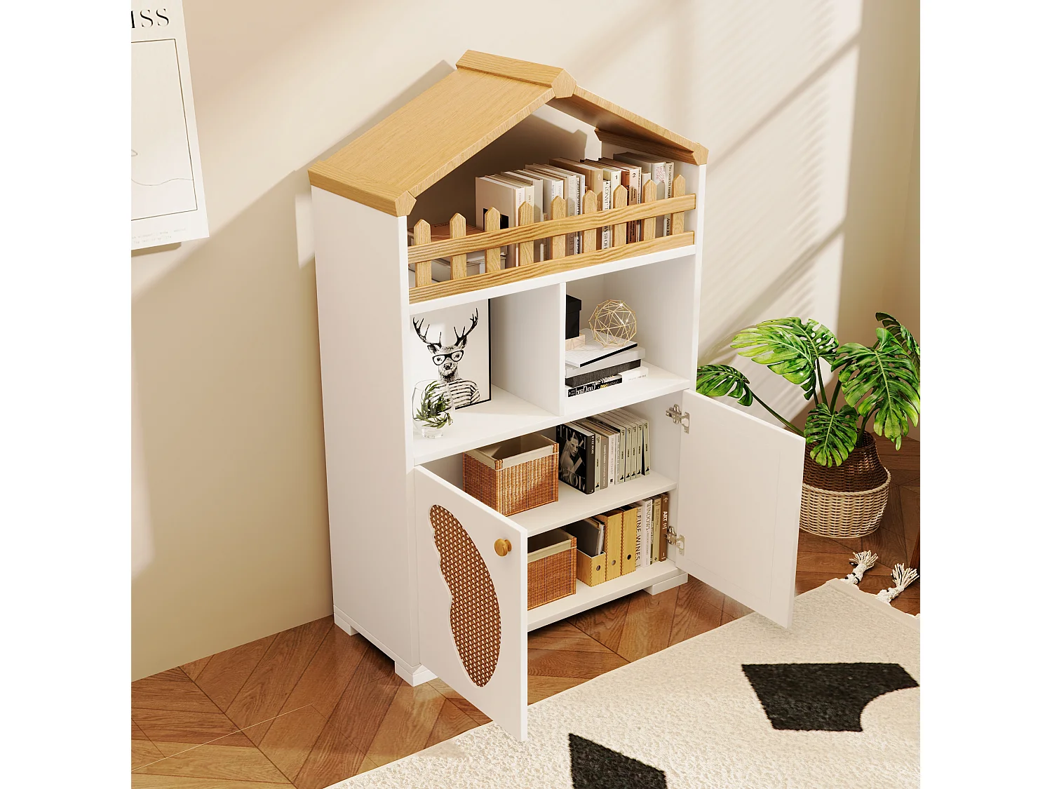 Vitrine, estante com 2 portas e arrumação de livros - 110 x 70 x 30 cm - formato de porta borboleta - Madeira MDF - Branco + carvalho