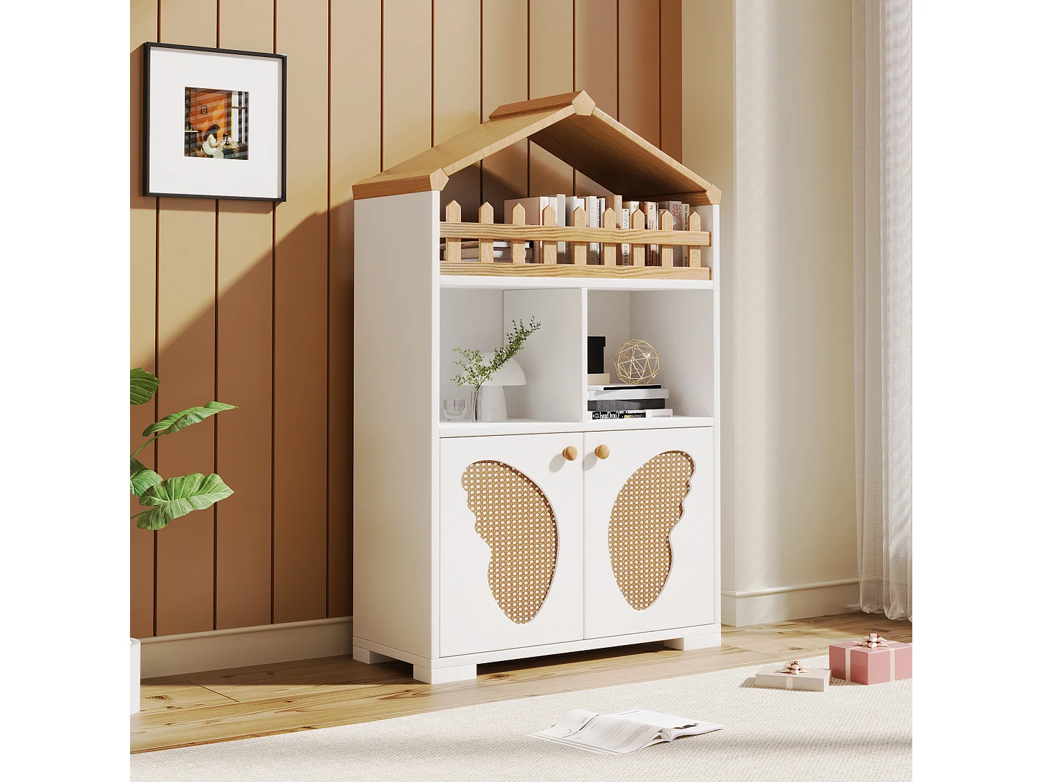 Vitrine, estante com 2 portas e arrumação de livros - 110 x 70 x 30 cm - formato de porta borboleta - Madeira MDF - Branco + carvalho