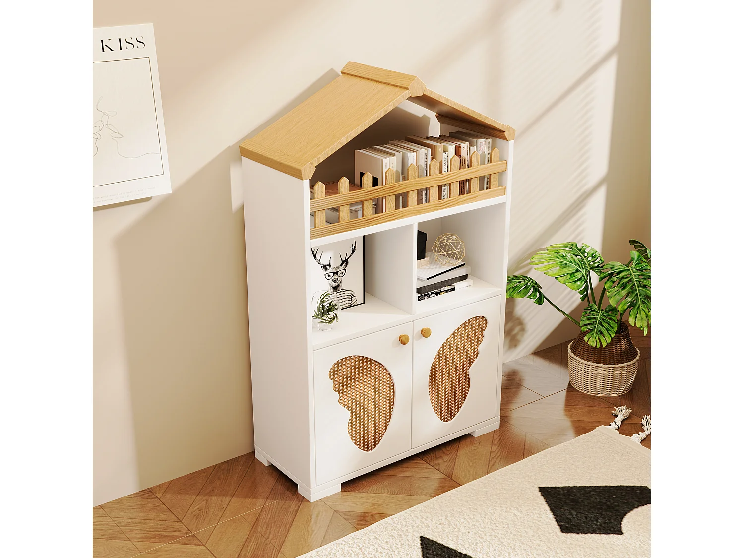 Vitrine, estante com 2 portas e arrumação de livros - 110 x 70 x 30 cm - formato de porta borboleta - Madeira MDF - Branco + carvalho