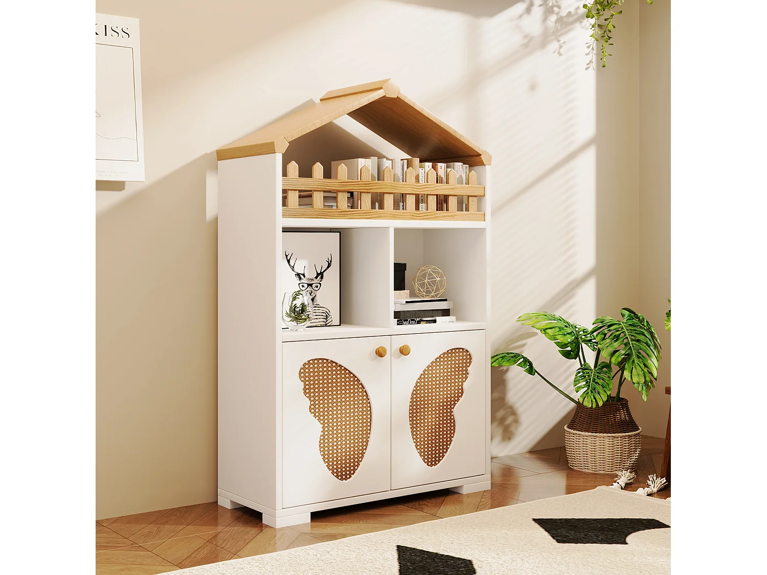 Vitrine, estante com 2 portas e arrumação de livros - 110 x 70 x 30 cm - formato de porta borboleta - Madeira MDF - Branco + carvalho