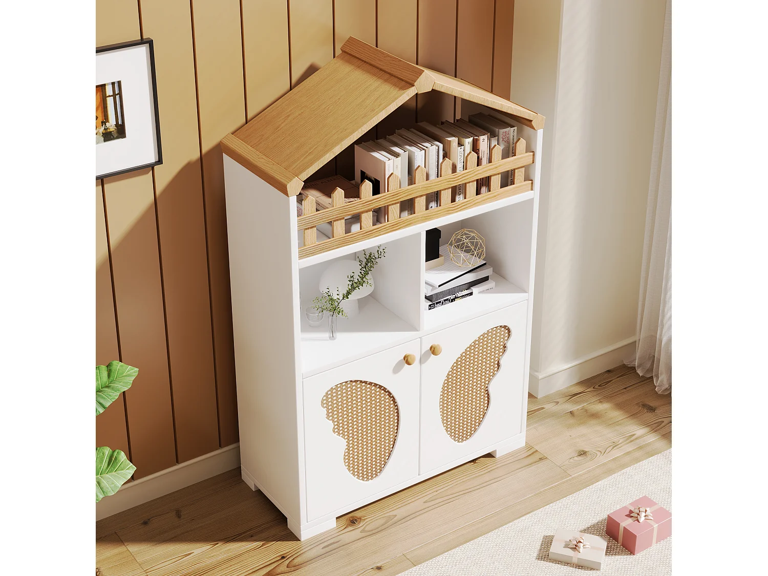 Vitrine, estante com 2 portas e arrumação de livros - 110 x 70 x 30 cm - formato de porta borboleta - Madeira MDF - Branco + carvalho