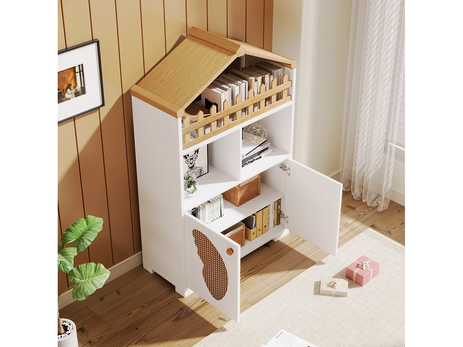 Vitrine, estante com 2 portas e arrumação de livros - 110 x 70 x 30 cm - formato de porta borboleta - Madeira MDF - Branco + carvalho