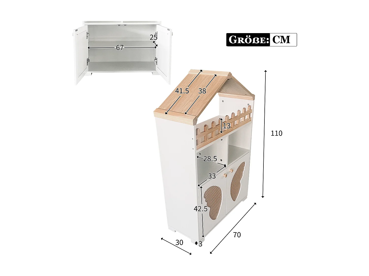 Vitrine, estante com 2 portas e arrumação de livros - 110 x 70 x 30 cm - formato de porta borboleta - Madeira MDF - Branco + carvalho