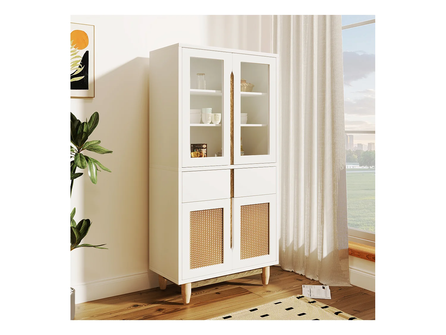 Vitrine avec 2 tiroirs et 4 portes - imitation rotin et acrylique - 128x35x70cm - Bois MDF - Blanc