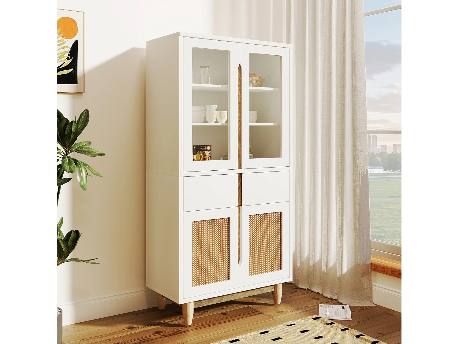 Vitrine avec 2 tiroirs et 4 portes - imitation rotin et acrylique - 128x35x70cm - Bois MDF - Blanc