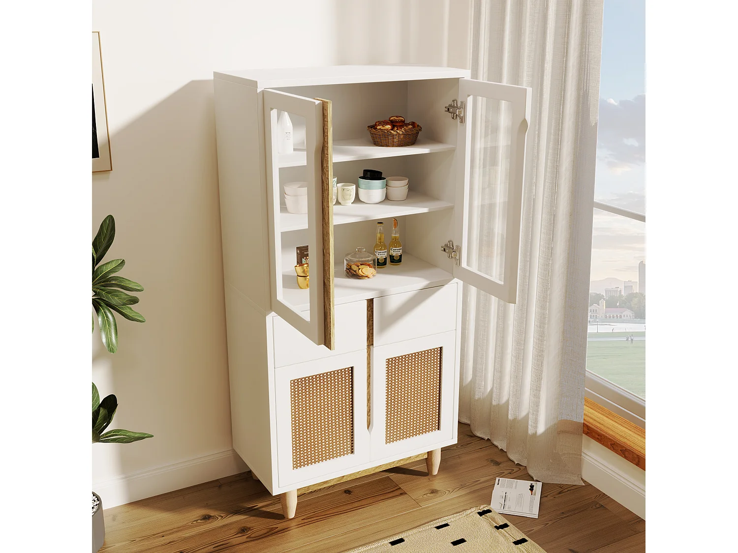 Vitrine avec 2 tiroirs et 4 portes - imitation rotin et acrylique - 128x35x70cm - Bois MDF - Blanc