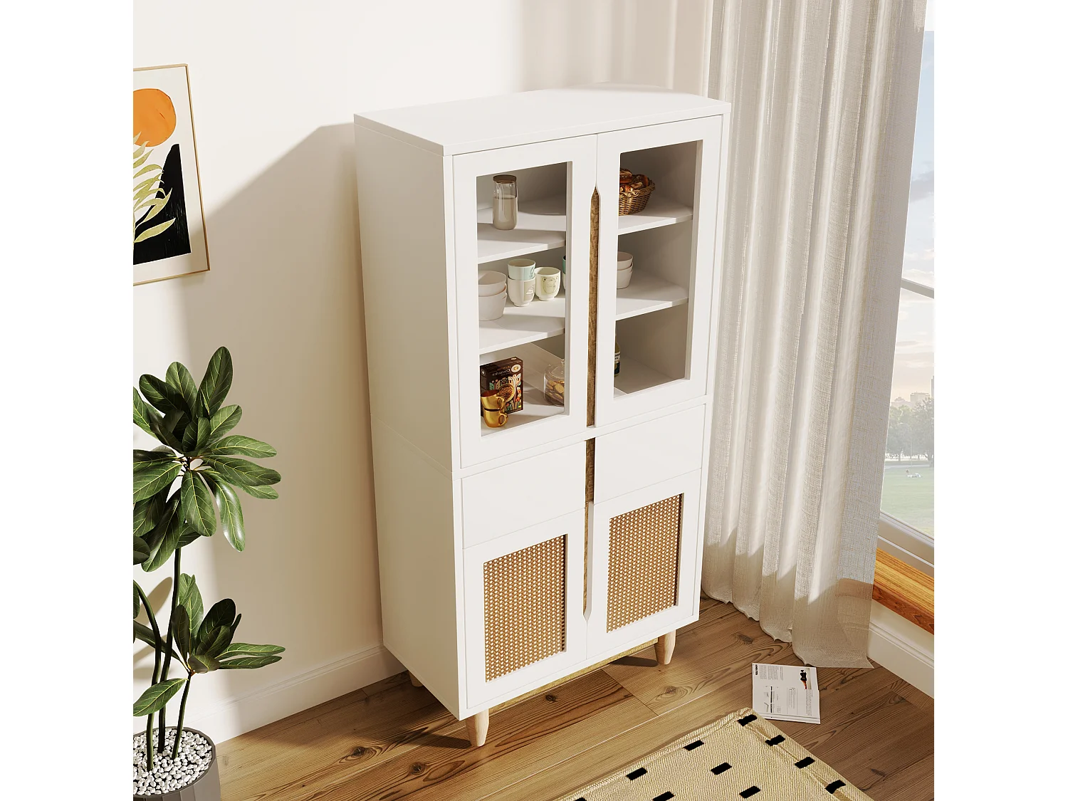 Vitrine avec 2 tiroirs et 4 portes - imitation rotin et acrylique - 128x35x70cm - Bois MDF - Blanc