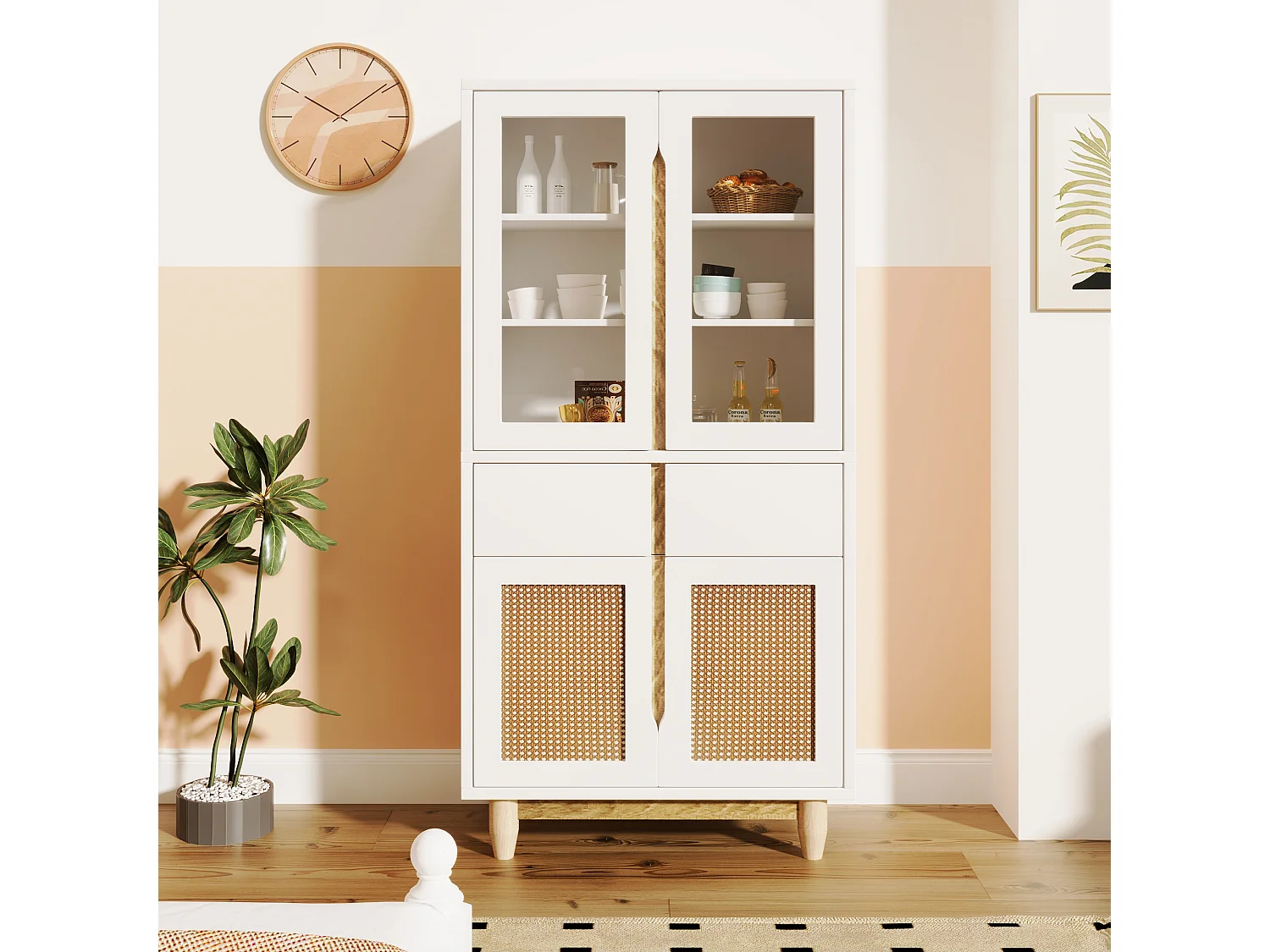 Vitrine avec 2 tiroirs et 4 portes - imitation rotin et acrylique - 128x35x70cm - Bois MDF - Blanc