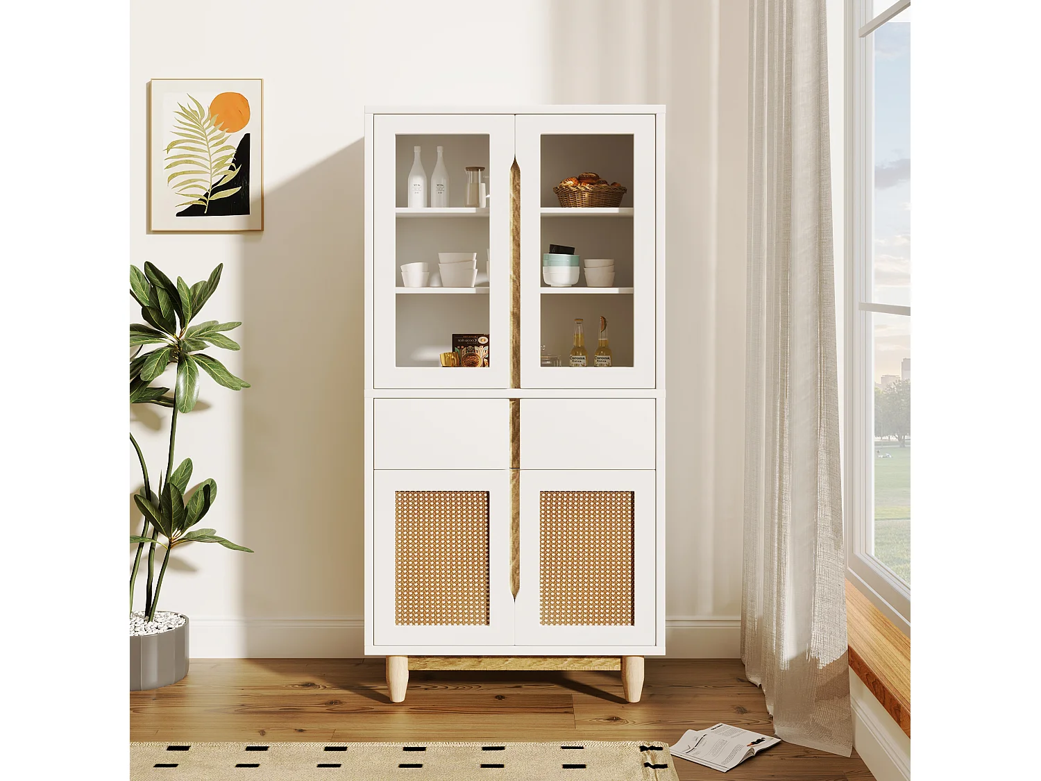 Vitrine avec 2 tiroirs et 4 portes - imitation rotin et acrylique - 128x35x70cm - Bois MDF - Blanc