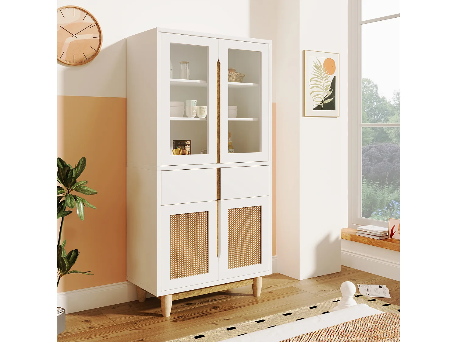 Vitrine avec 2 tiroirs et 4 portes - imitation rotin et acrylique - 128x35x70cm - Bois MDF - Blanc