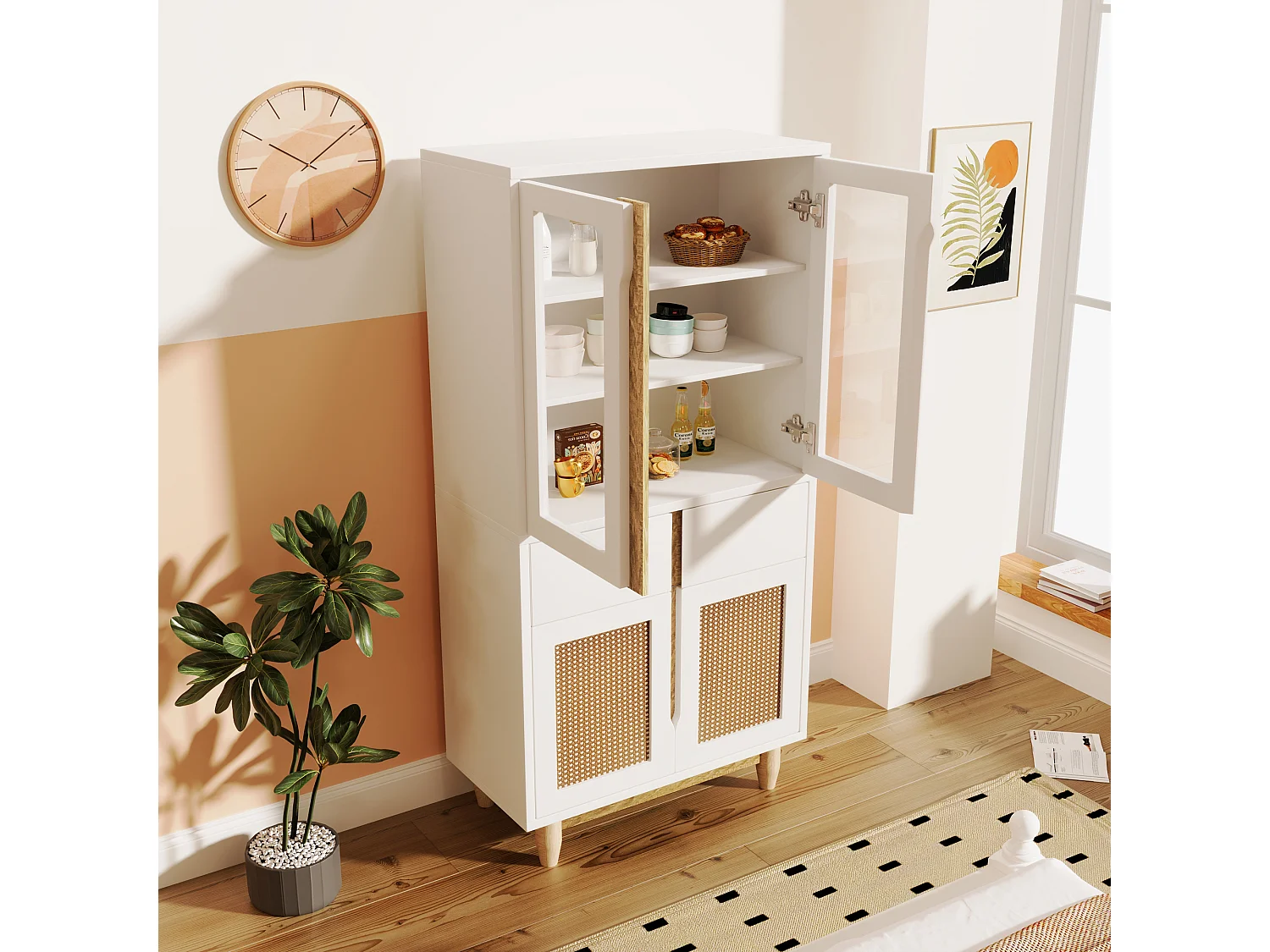 Vitrine avec 2 tiroirs et 4 portes - imitation rotin et acrylique - 128x35x70cm - Bois MDF - Blanc