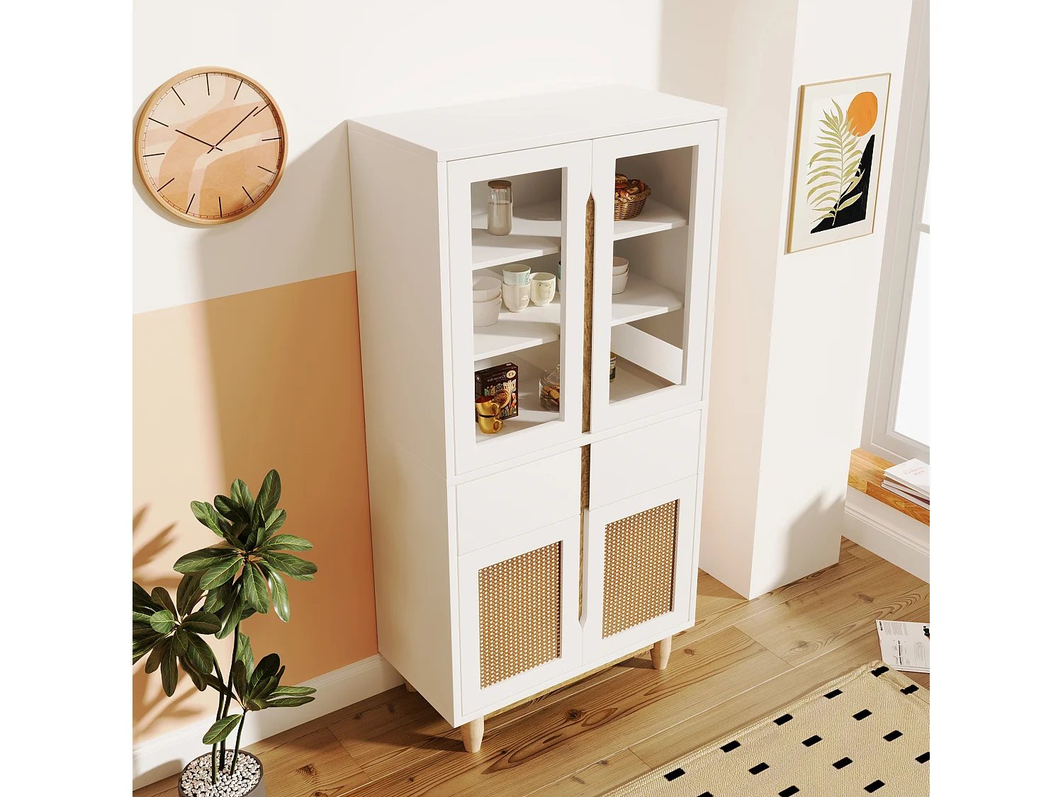 Vitrine avec 2 tiroirs et 4 portes - imitation rotin et acrylique - 128x35x70cm - Bois MDF - Blanc