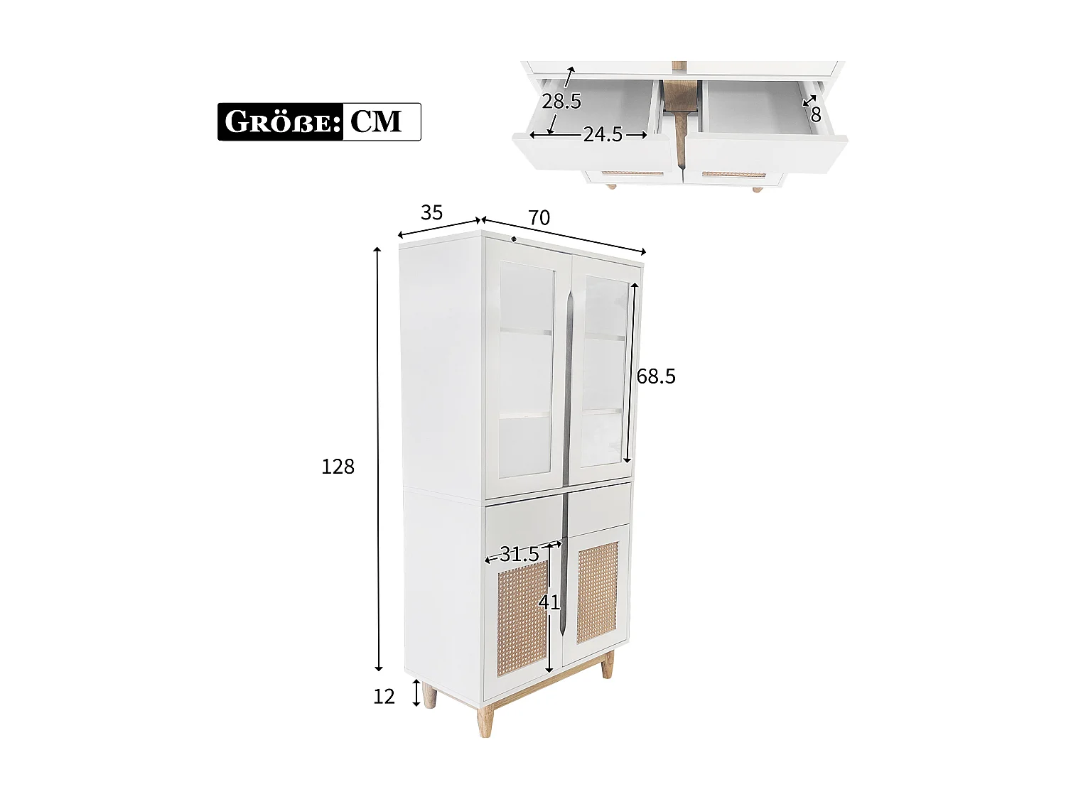 Vitrine avec 2 tiroirs et 4 portes - imitation rotin et acrylique - 128x35x70cm - Bois MDF - Blanc