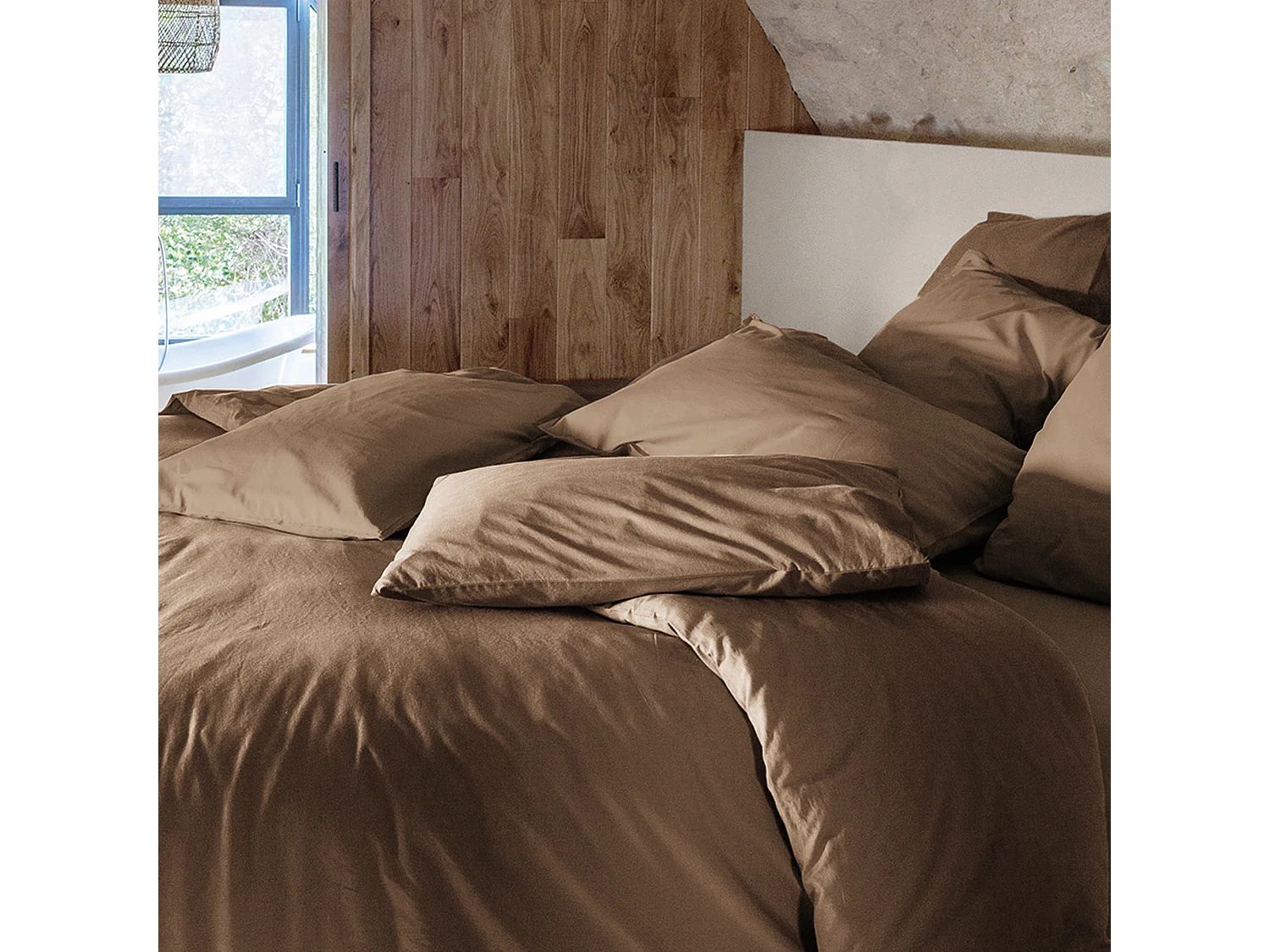 Housse de couette PALACE pur coton lavé 240x220 cm uni marron cognac
