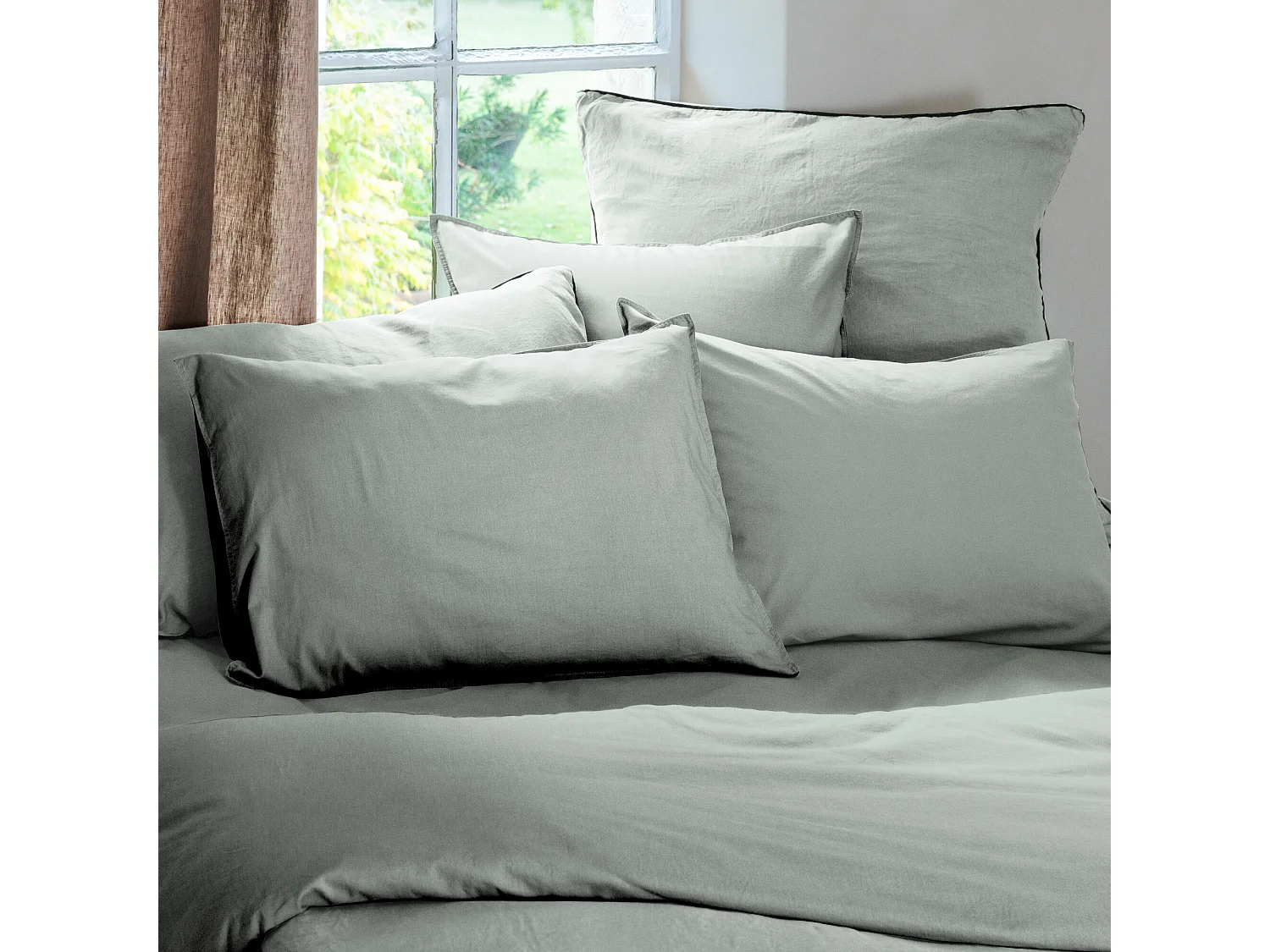 Housse de couette PALACE pur coton lavé 140x200 cm uni vert lichen