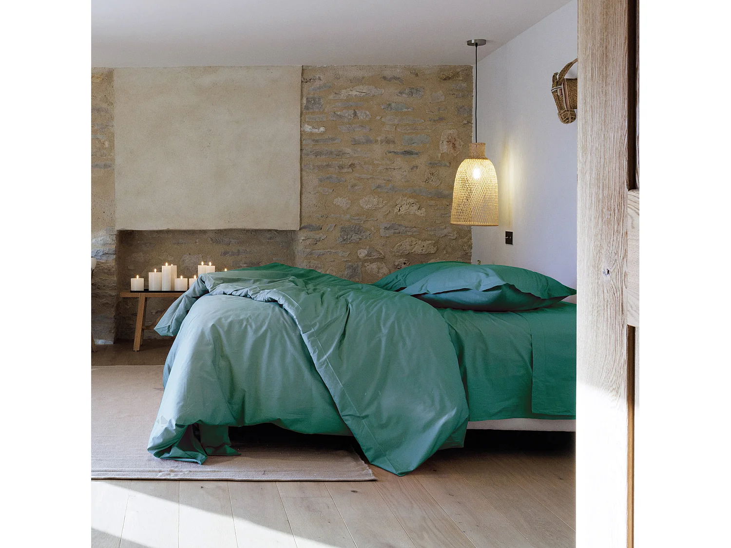 Housse de couette uni 200x200 cm percale de coton MANOIR vert Opale