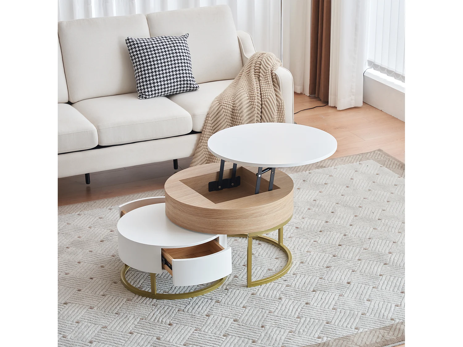 Set van 2 in elkaar geschoven salontafels met hefblad en 2 laden - Gouden poten - MDF hout - Wit + eiken