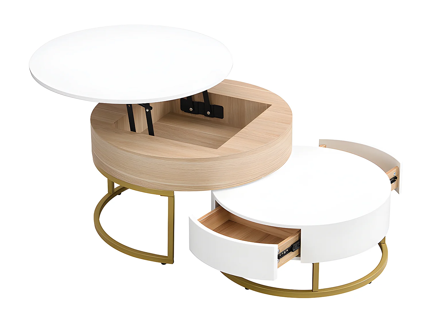Set van 2 in elkaar geschoven salontafels met hefblad en 2 laden - Gouden poten - MDF hout - Wit + eiken