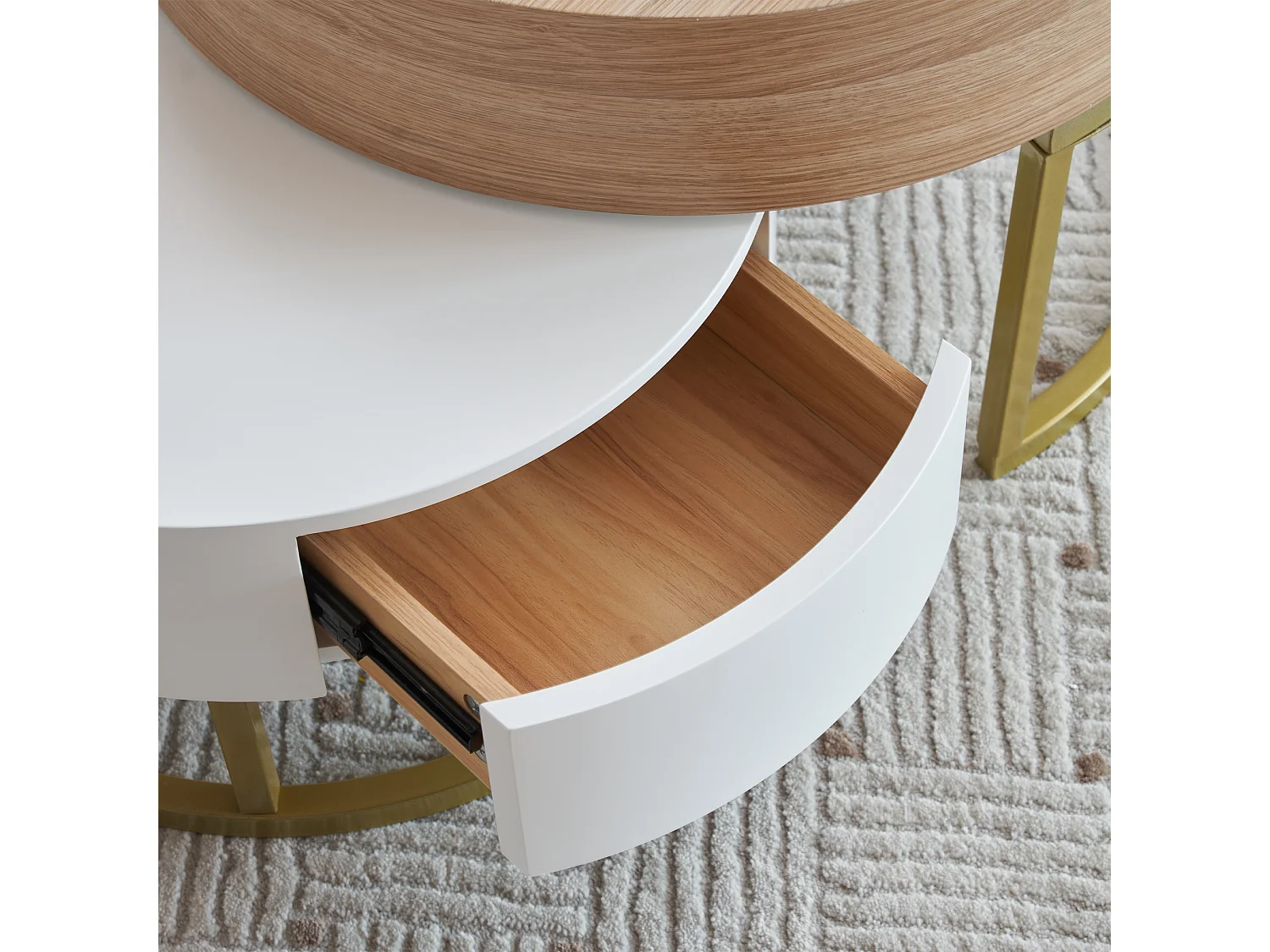 Set van 2 in elkaar geschoven salontafels met hefblad en 2 laden - Gouden poten - MDF hout - Wit + eiken