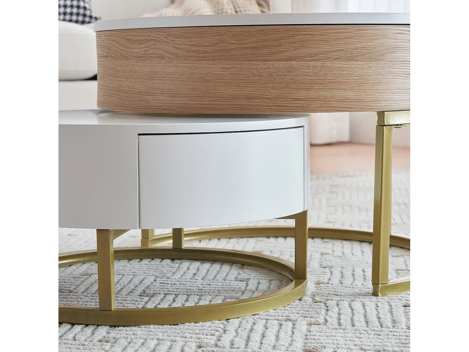 Set van 2 in elkaar geschoven salontafels met hefblad en 2 laden - Gouden poten - MDF hout - Wit + eiken