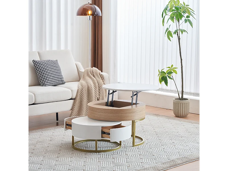 Lot de 2 tables basses gigognes avec plateau relevable et 2 tiroirs - Pièds dorés - Bois MDF - Blanc + chêne