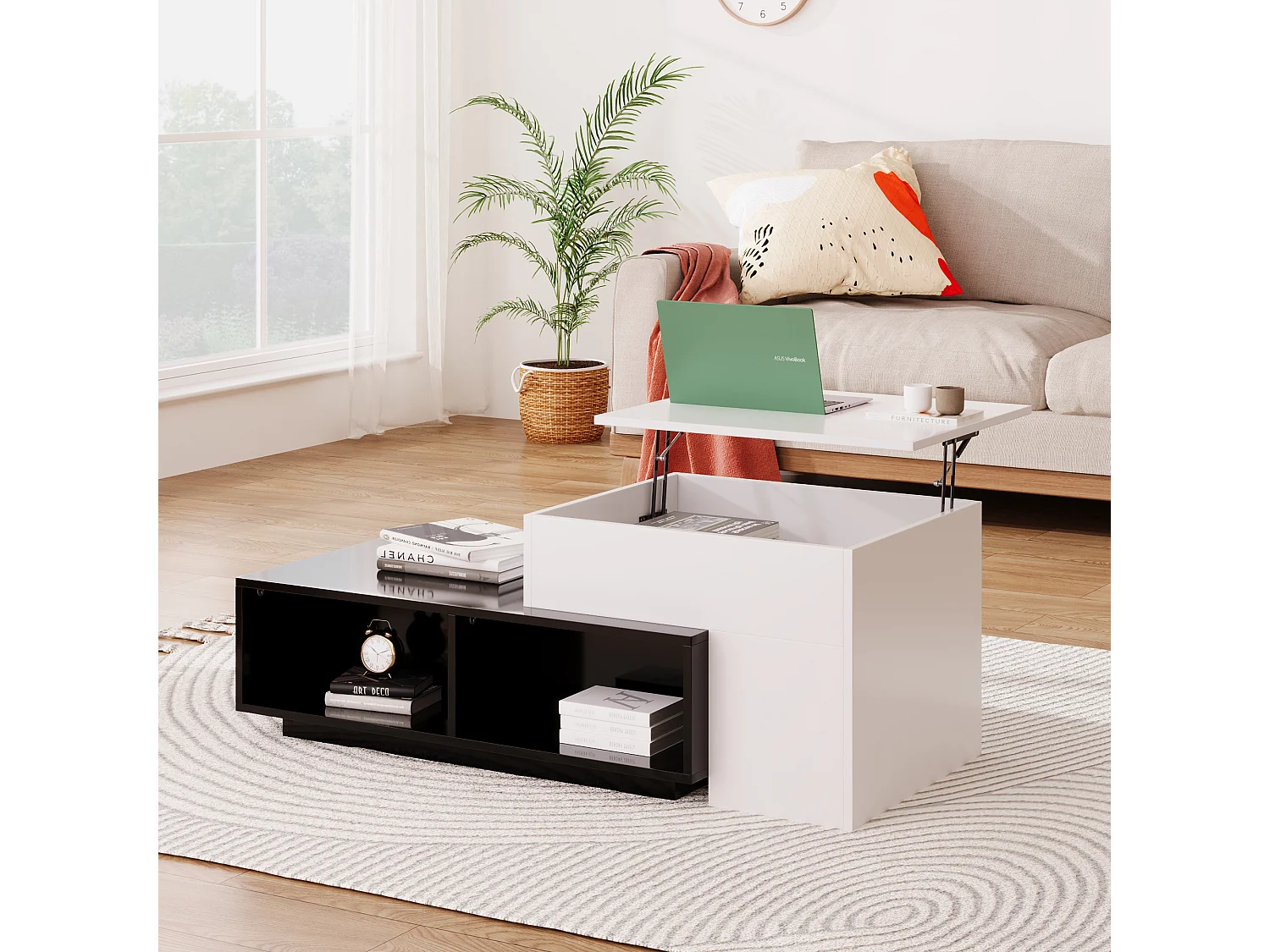 Table basse combinée avec plateau relevable et compartiments - Panneaux de particules - Noir et blanc