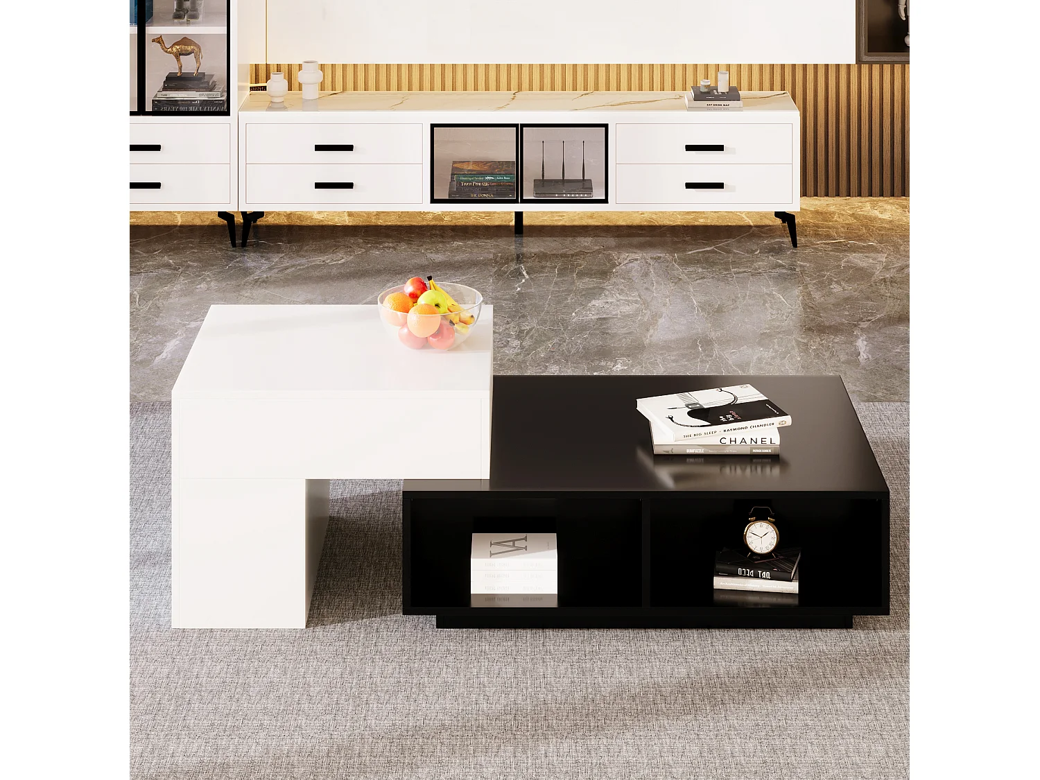 Table basse combinée avec plateau relevable et compartiments - Panneaux de particules - Noir et blanc