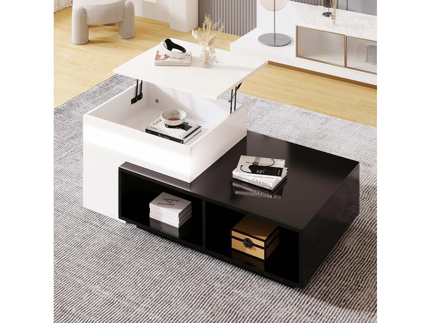 Table basse combinée avec plateau relevable et compartiments - Panneaux de particules - Noir et blanc