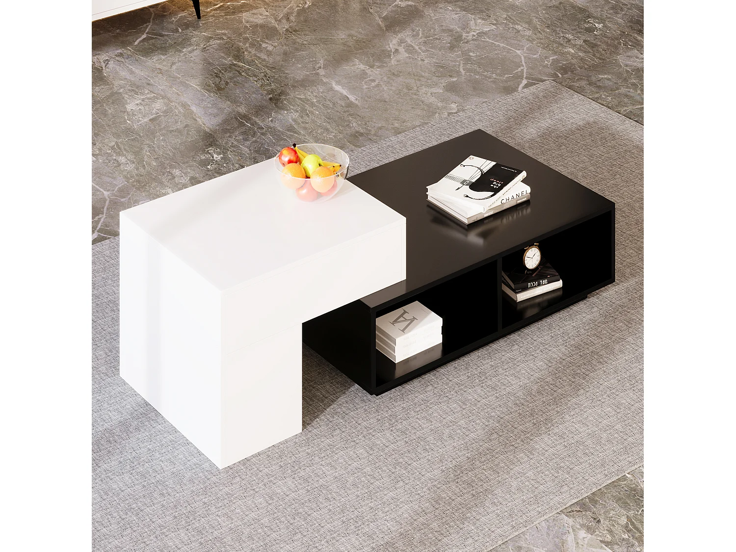 Table basse combinée avec plateau relevable et compartiments - Panneaux de particules - Noir et blanc