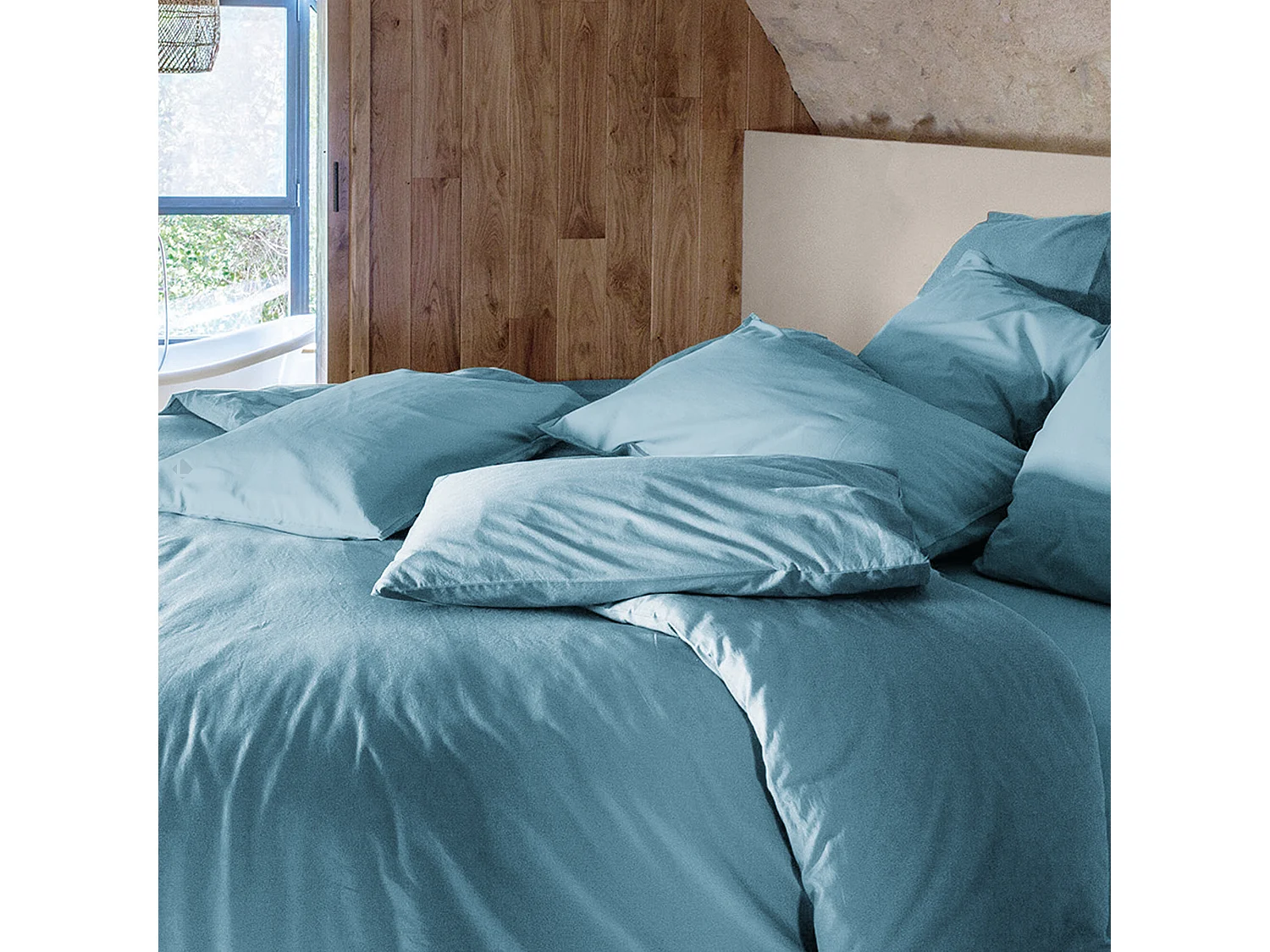 Drap plat 270x290 cm pur coton lavé PALACE bleu topaze