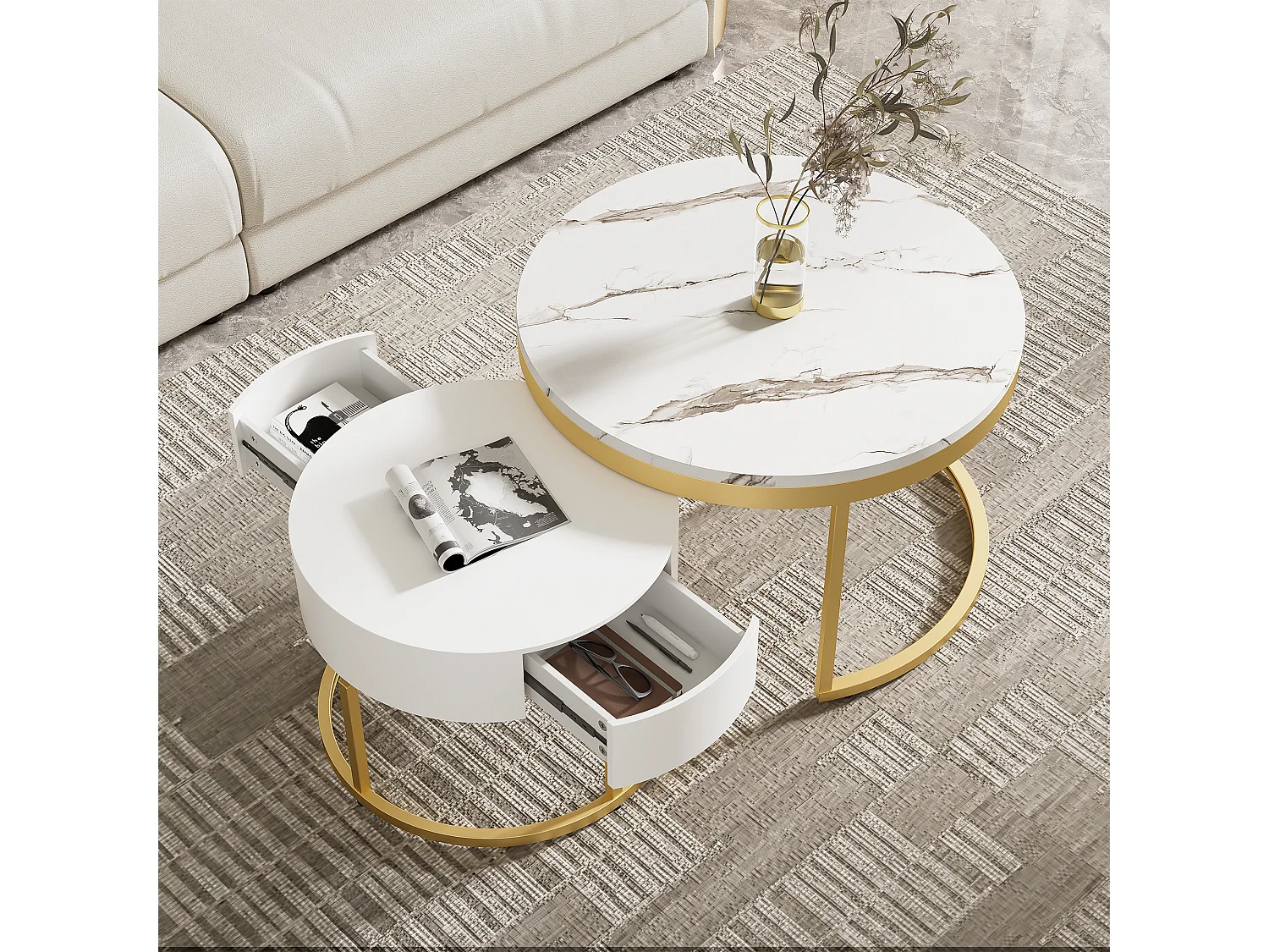 Lot de 2 tables basses gigognes avec 2 tiroirs - Motif de Marbre - bois MDF - Blanc