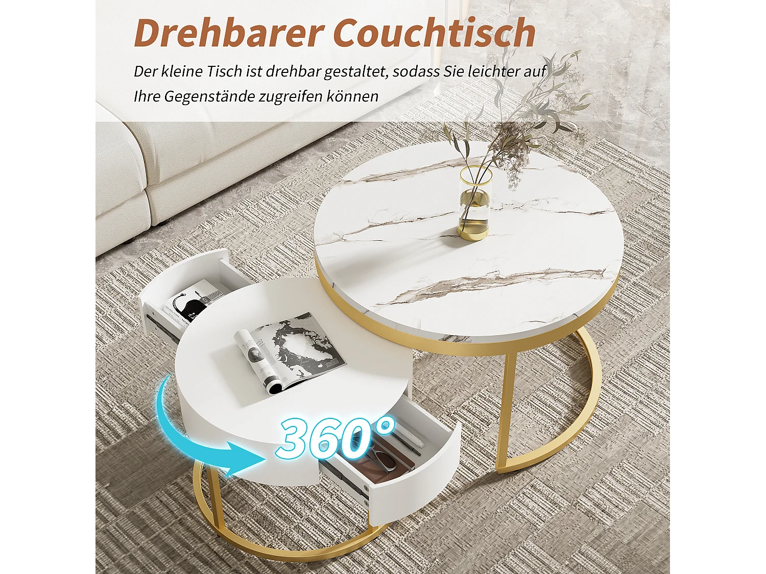 Lot de 2 tables basses gigognes avec 2 tiroirs - Motif de Marbre - bois MDF - Blanc