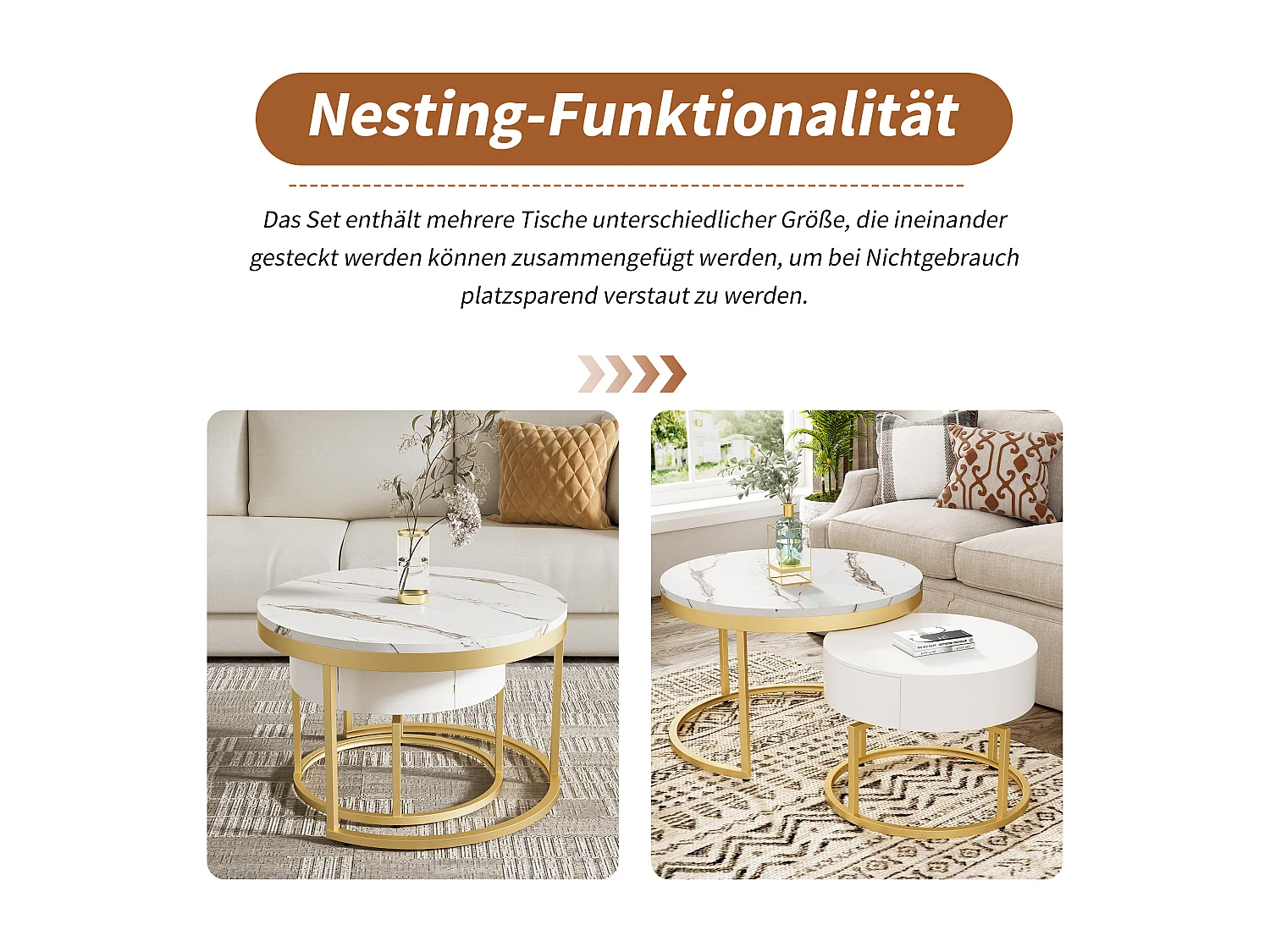 Lot de 2 tables basses gigognes avec 2 tiroirs - Motif de Marbre - bois MDF - Blanc