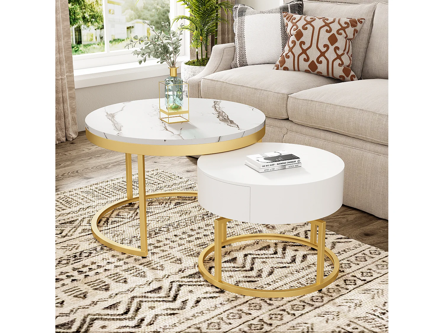 Lot de 2 tables basses gigognes avec 2 tiroirs - Motif de Marbre - bois MDF - Blanc