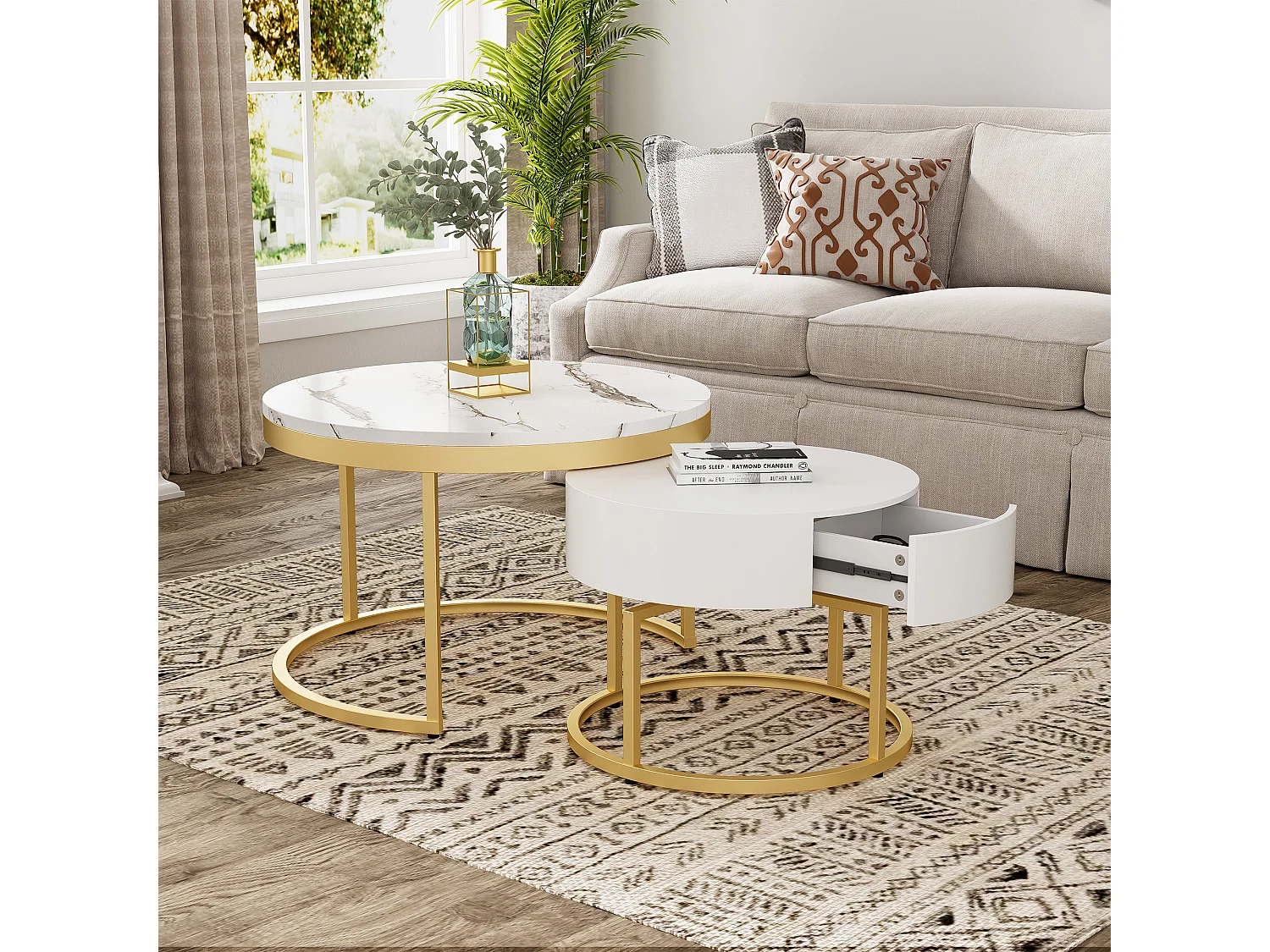 Lot de 2 tables basses gigognes avec 2 tiroirs - Motif de Marbre - bois MDF - Blanc