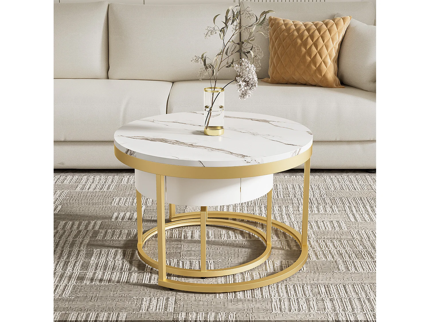 Lot de 2 tables basses gigognes avec 2 tiroirs - Motif de Marbre - bois MDF - Blanc