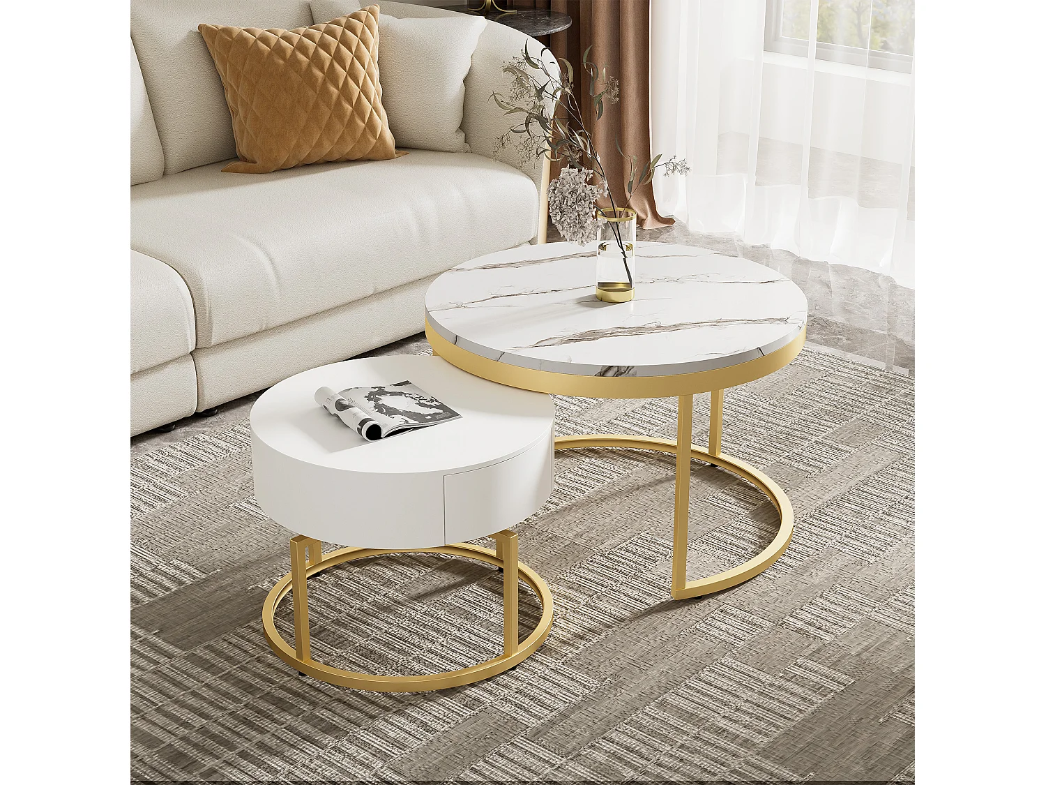 Lot de 2 tables basses gigognes avec 2 tiroirs - Motif de Marbre - bois MDF - Blanc