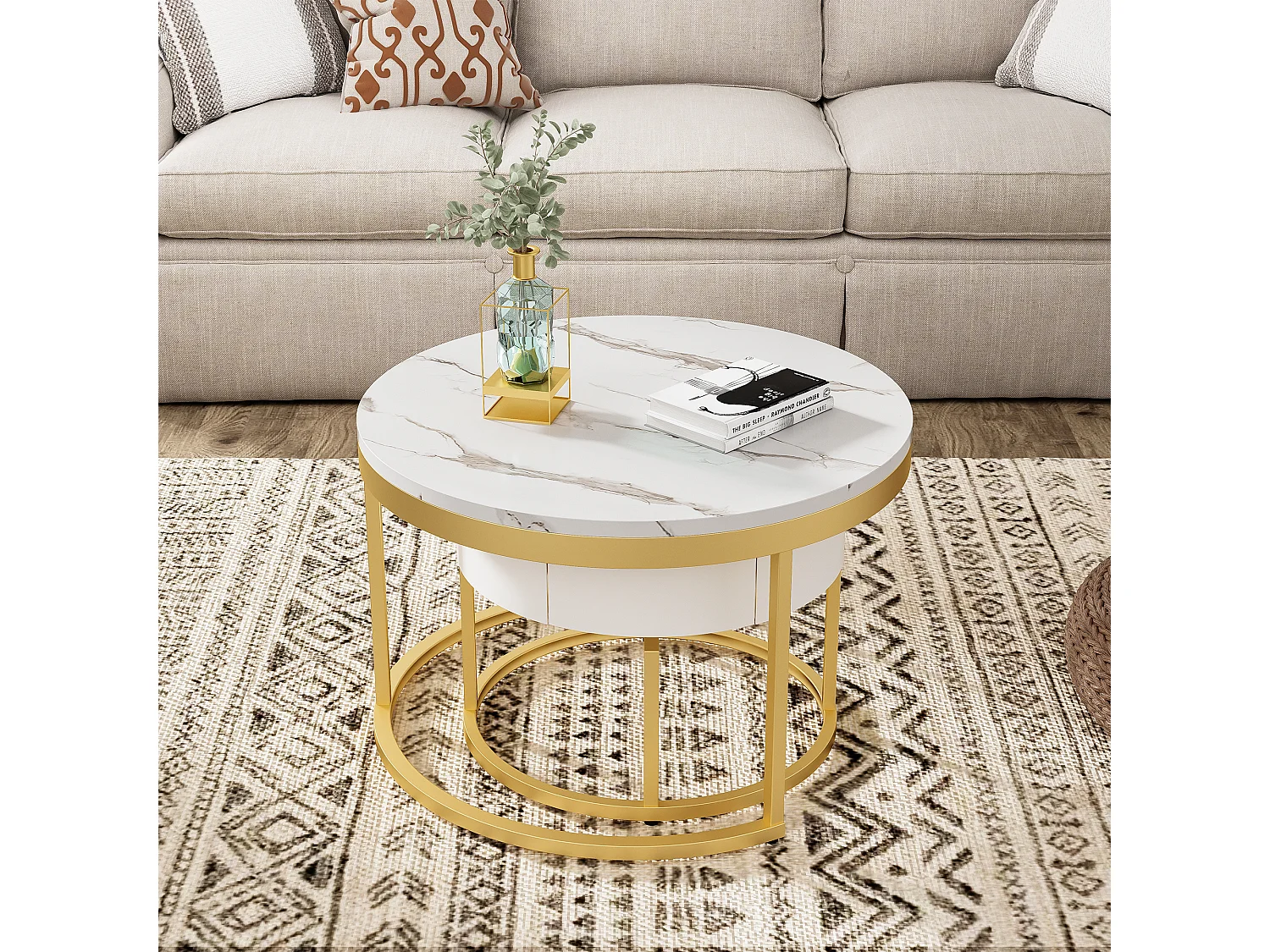 Lot de 2 tables basses gigognes avec 2 tiroirs - Motif de Marbre - bois MDF - Blanc