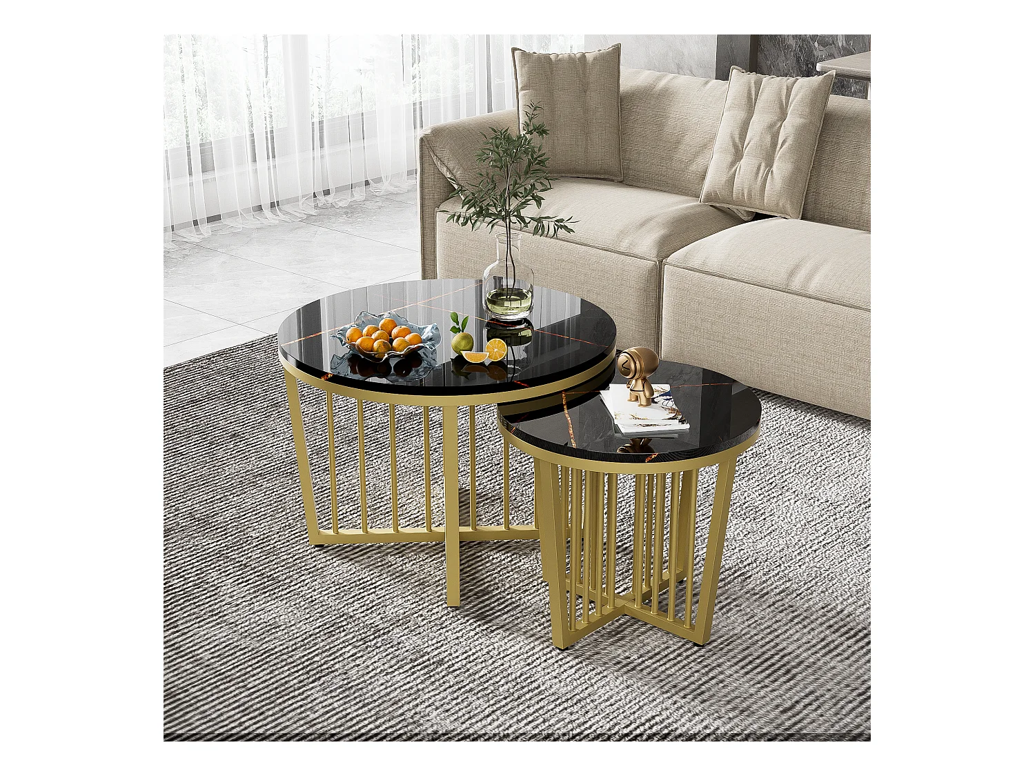 Set van 2 in elkaar te schuiven salontafels met draaifunctie - Goudkleurige metalen poten - Marmerpatroon - MDF hout - Zwart