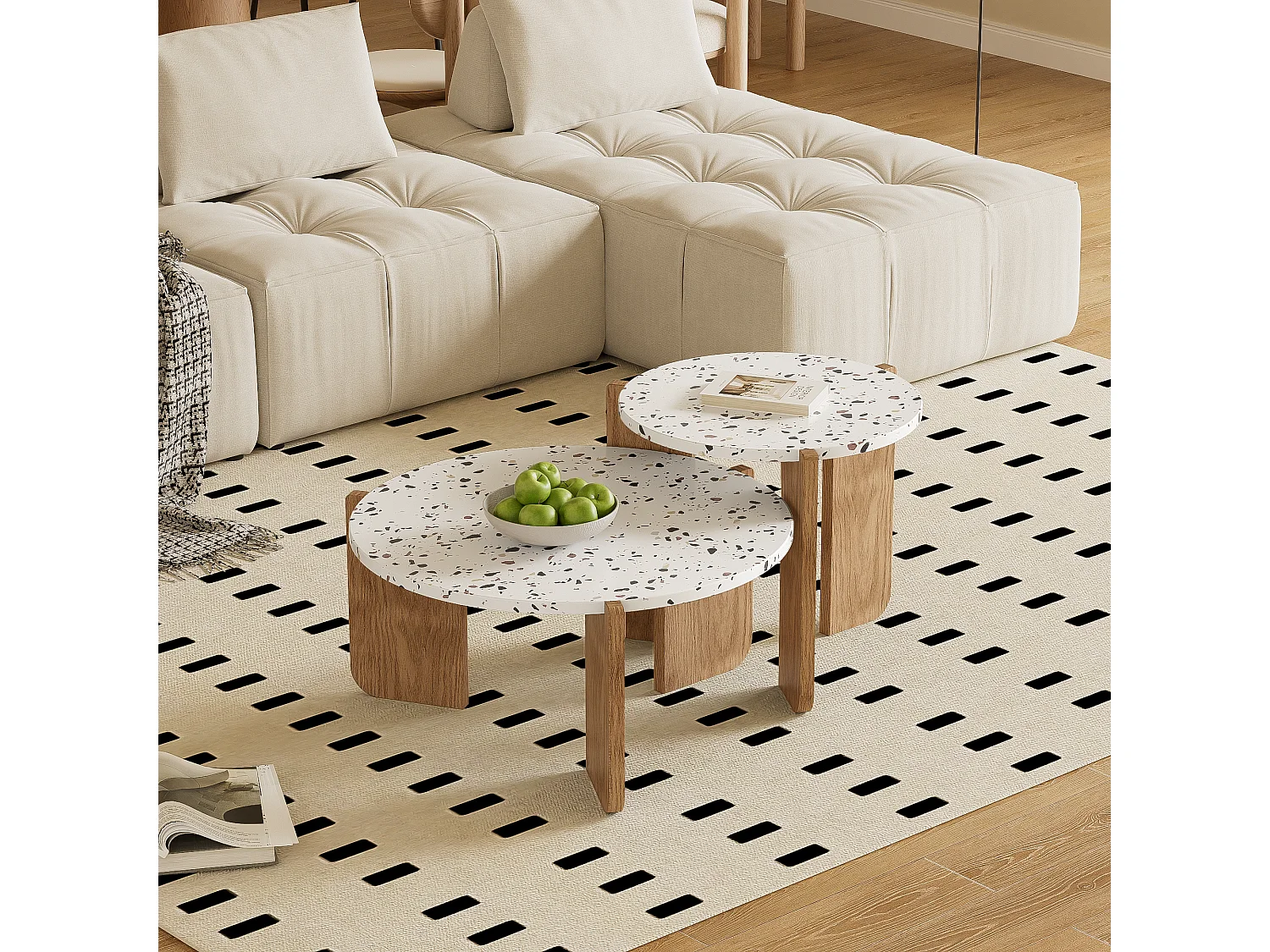 Lot de 2 tables basses gigognes - Motif à couleurs entrelacées - Bois MDF - Blanc + naturel