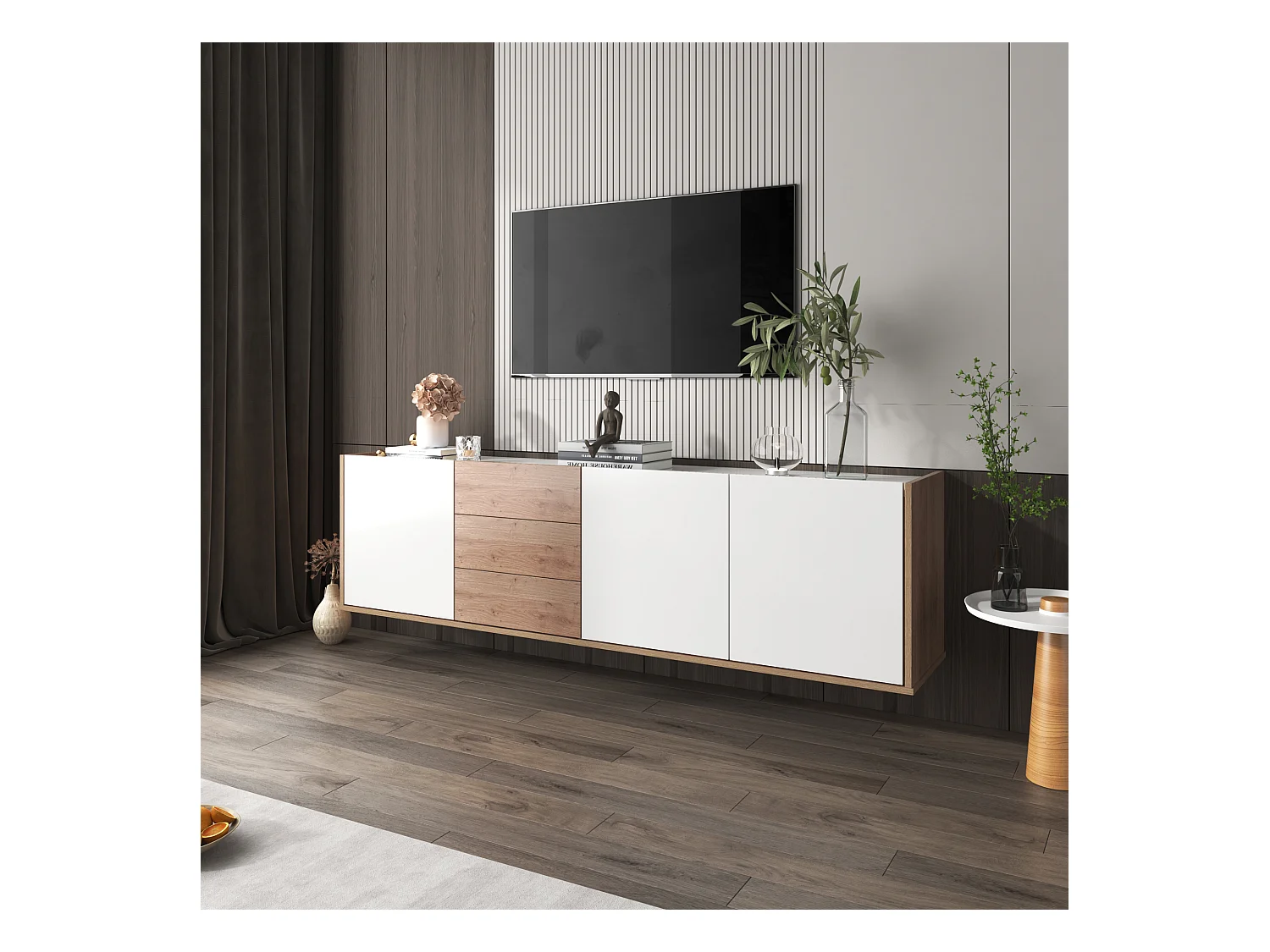 Hängendes TV-Möbel oder TV-Bank mit 3 Schubladen und 3 Türen – 171,5 L x 35 B x 47 H cm – Spanplatte – Weiß + Natur