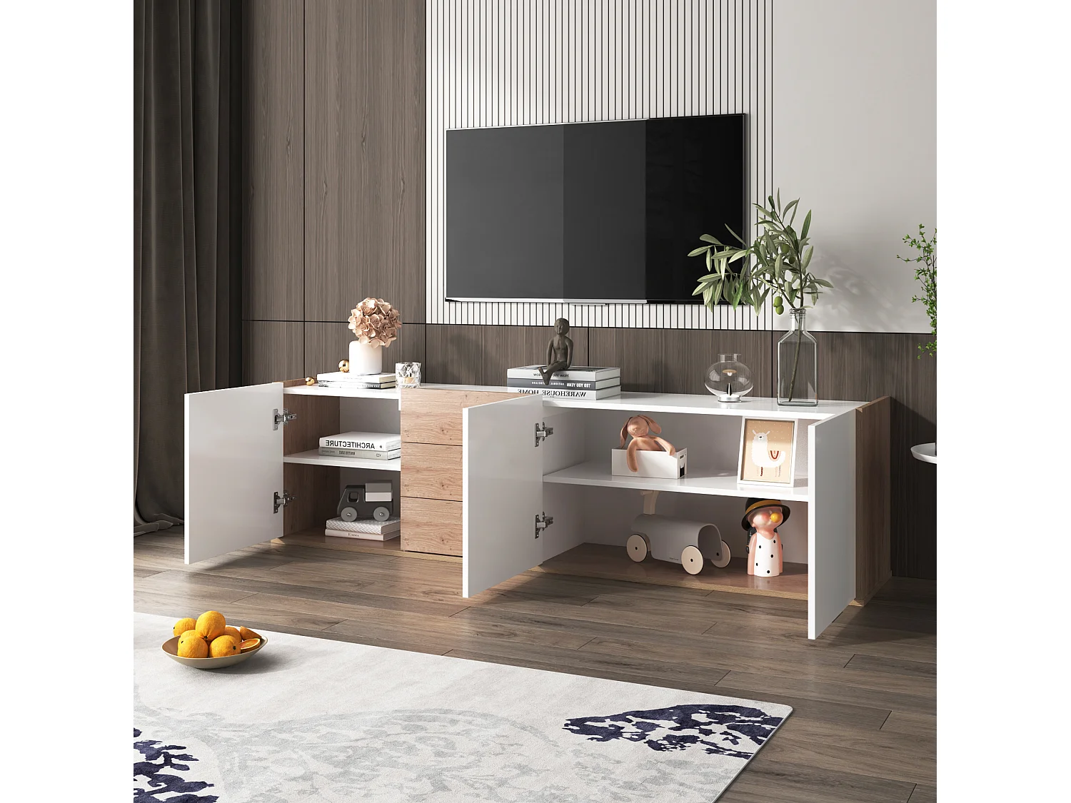 Hängendes TV-Möbel oder TV-Bank mit 3 Schubladen und 3 Türen – 171,5 L x 35 B x 47 H cm – Spanplatte – Weiß + Natur